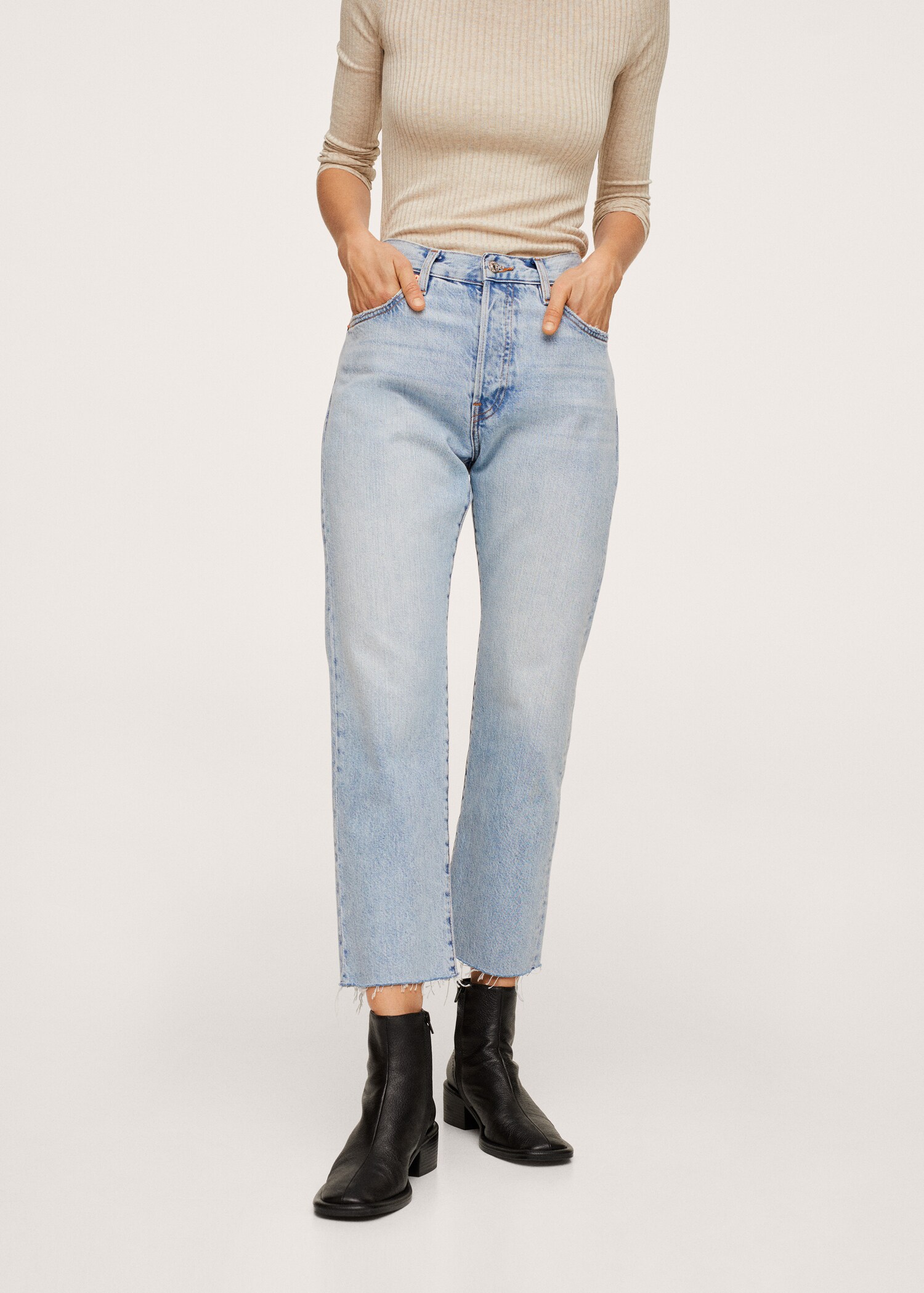 Gerade Crop-Jeans mit hohem Bund - Mittlere Ansicht