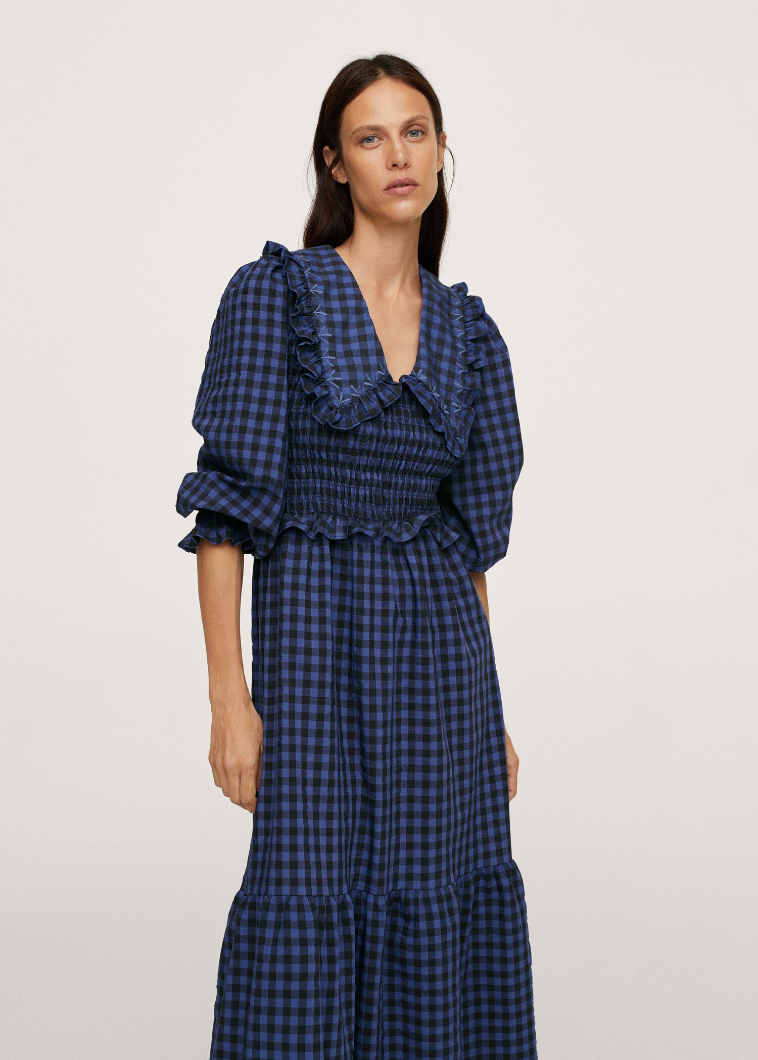 Vestido cuadros cuello babydoll - Plano medio
