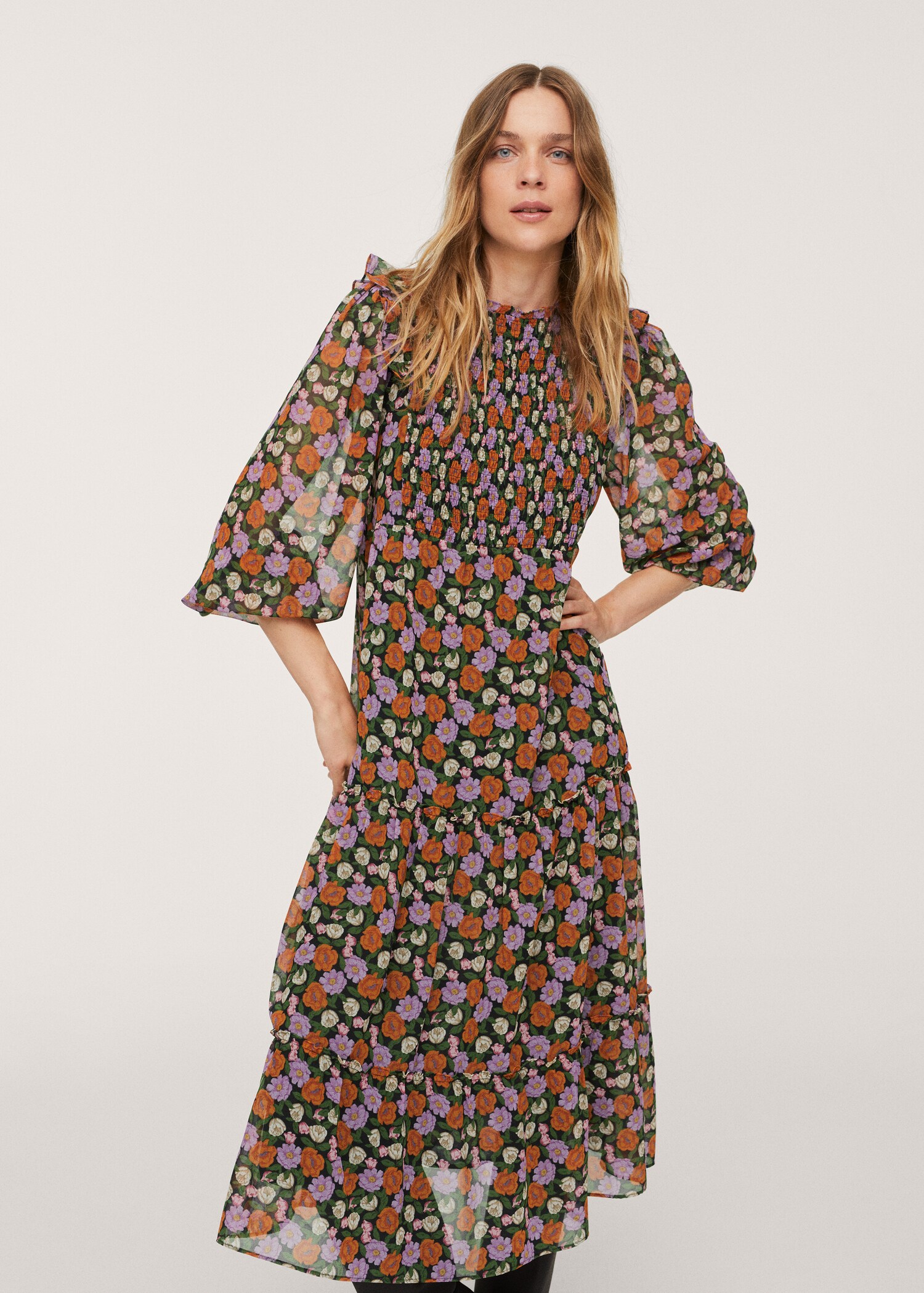 Vestido estampado manga abullonada - Plano medio