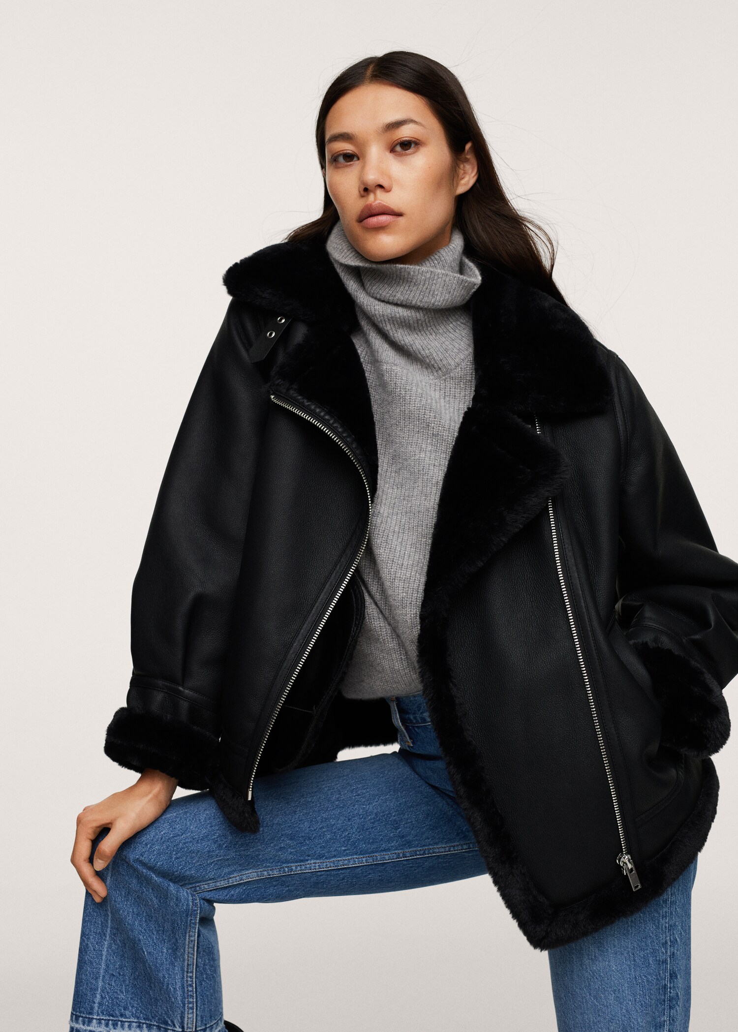 Faux-fur lining biker jacket - Details of the article 1