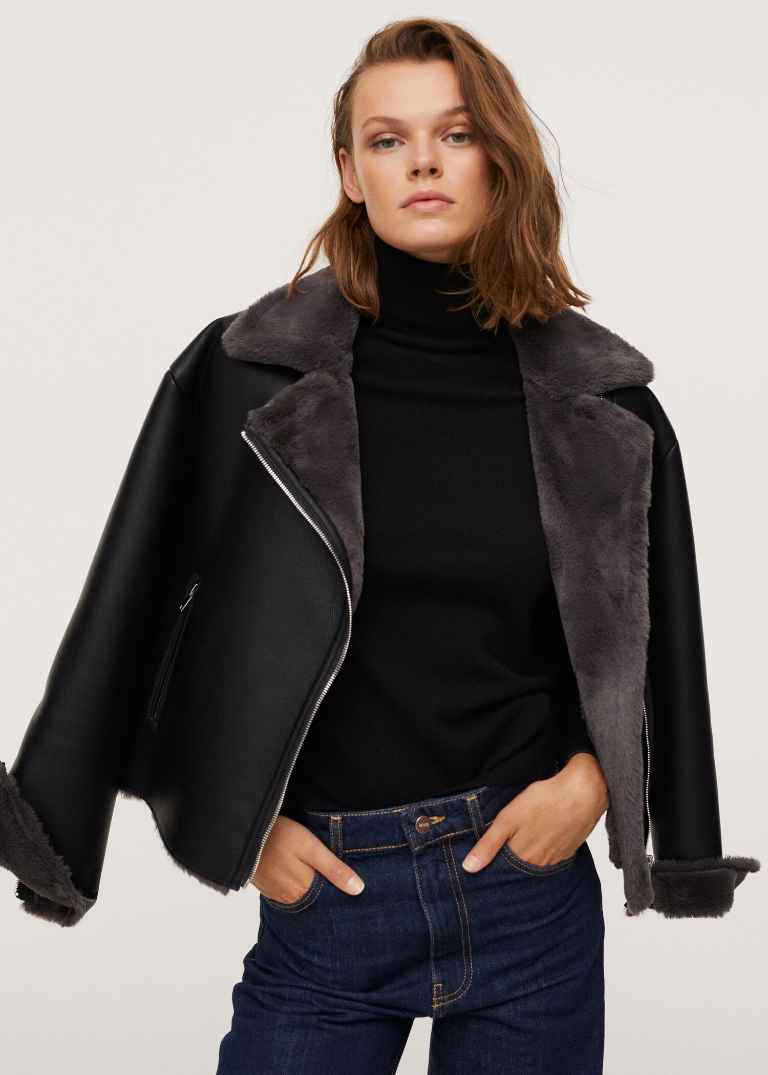 Faux shearling-lined biker jacket - Medium plane