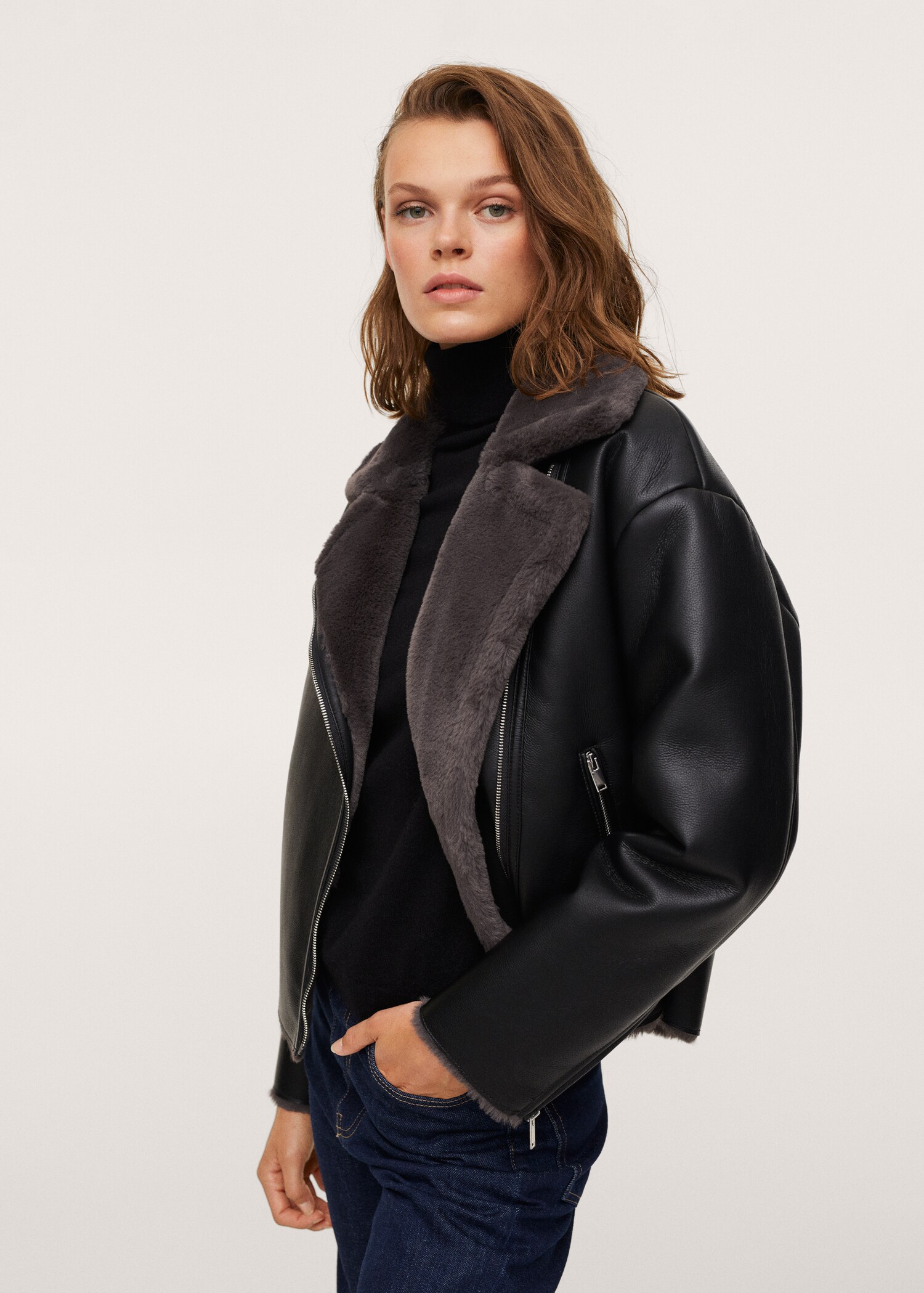 Faux shearling-lined biker jacket - Details of the article 1