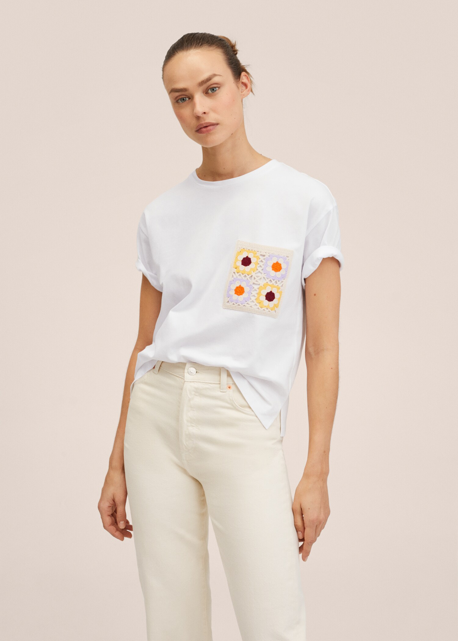 Embroidered detail cotton T-shirt - Medium plane