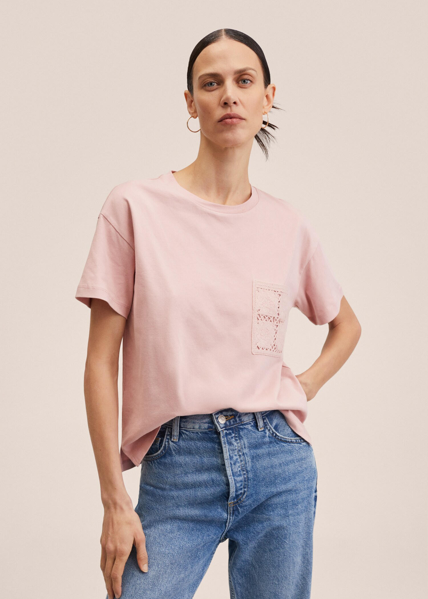 Embroidered detail cotton T-shirt - Medium plane