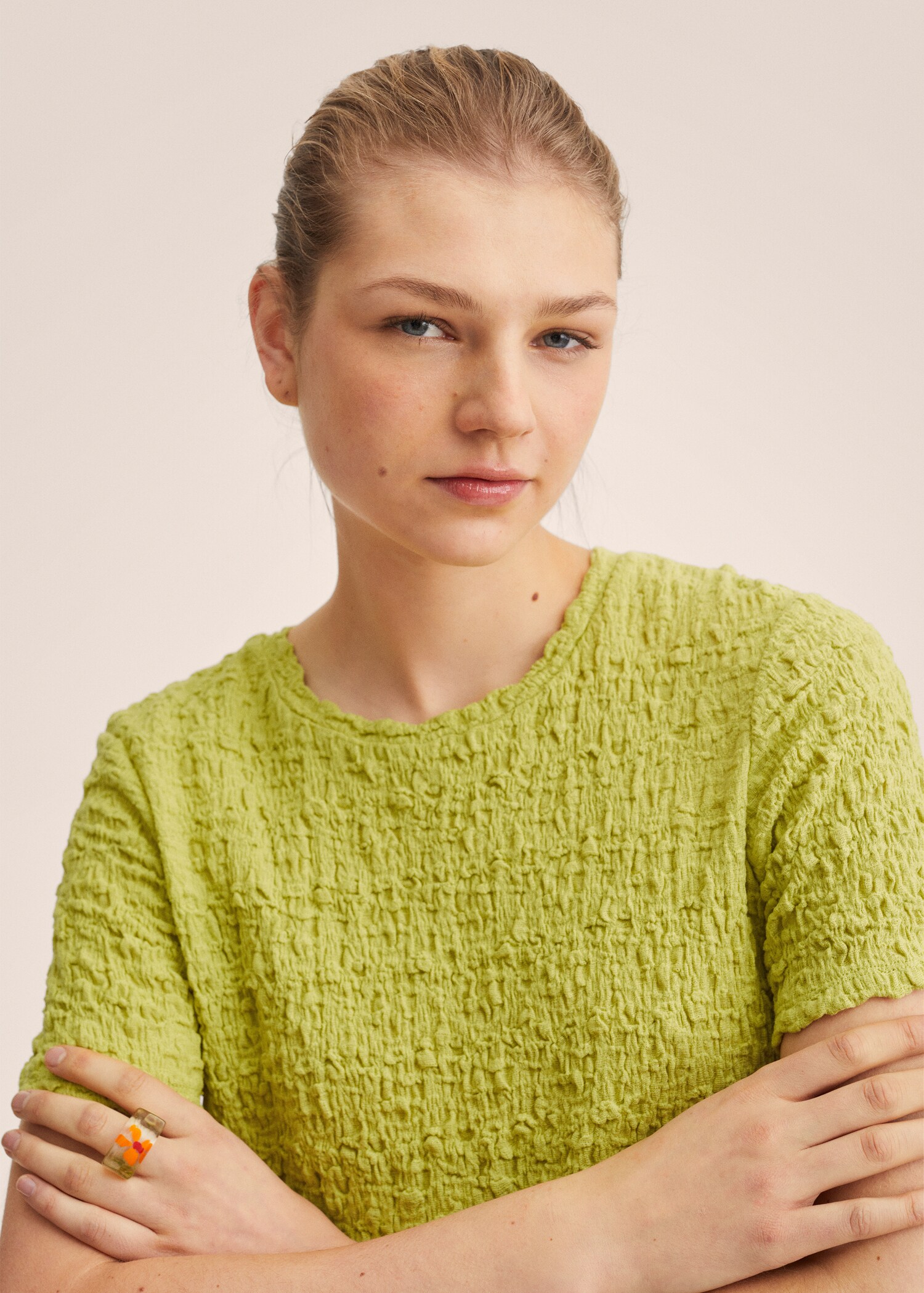 Textured cotton T-shirt - Details of the article 1