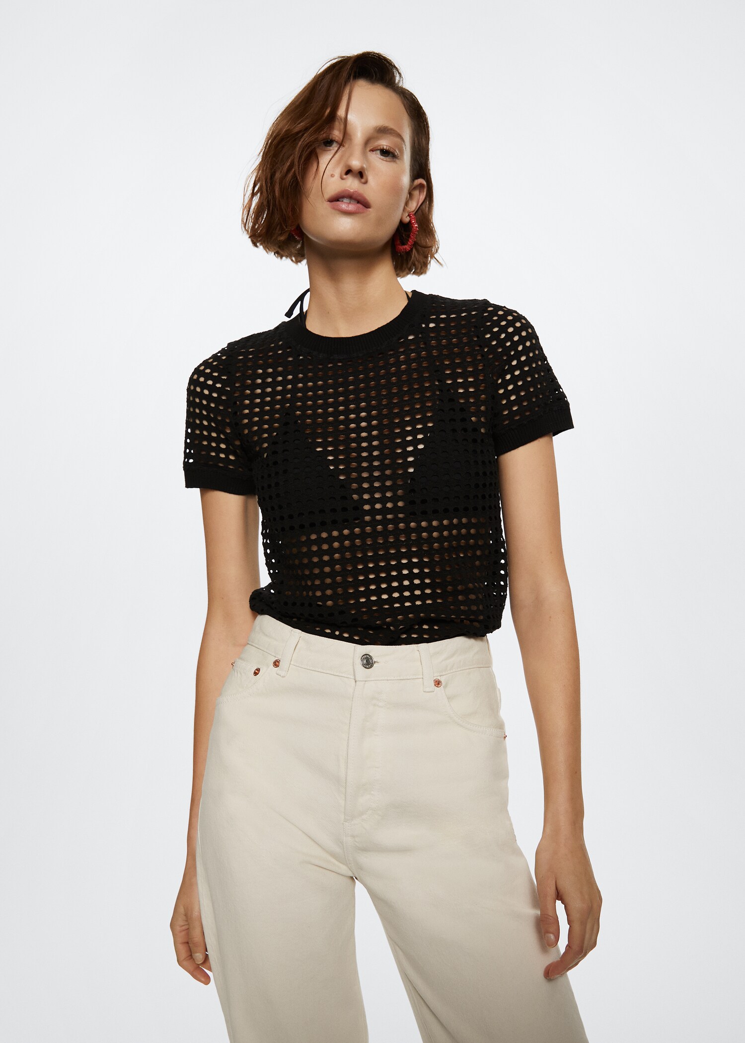 Openwork cotton-blend T-shirt - Medium plane