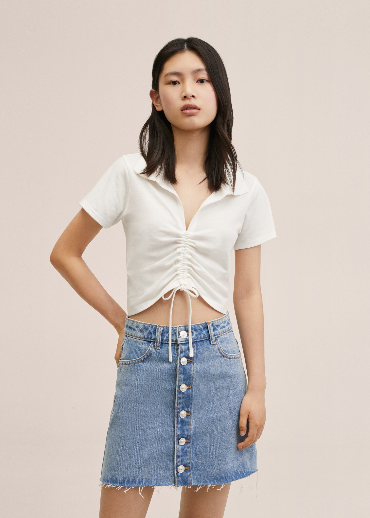 Gathered cotton polo shirt - Details of the article 1