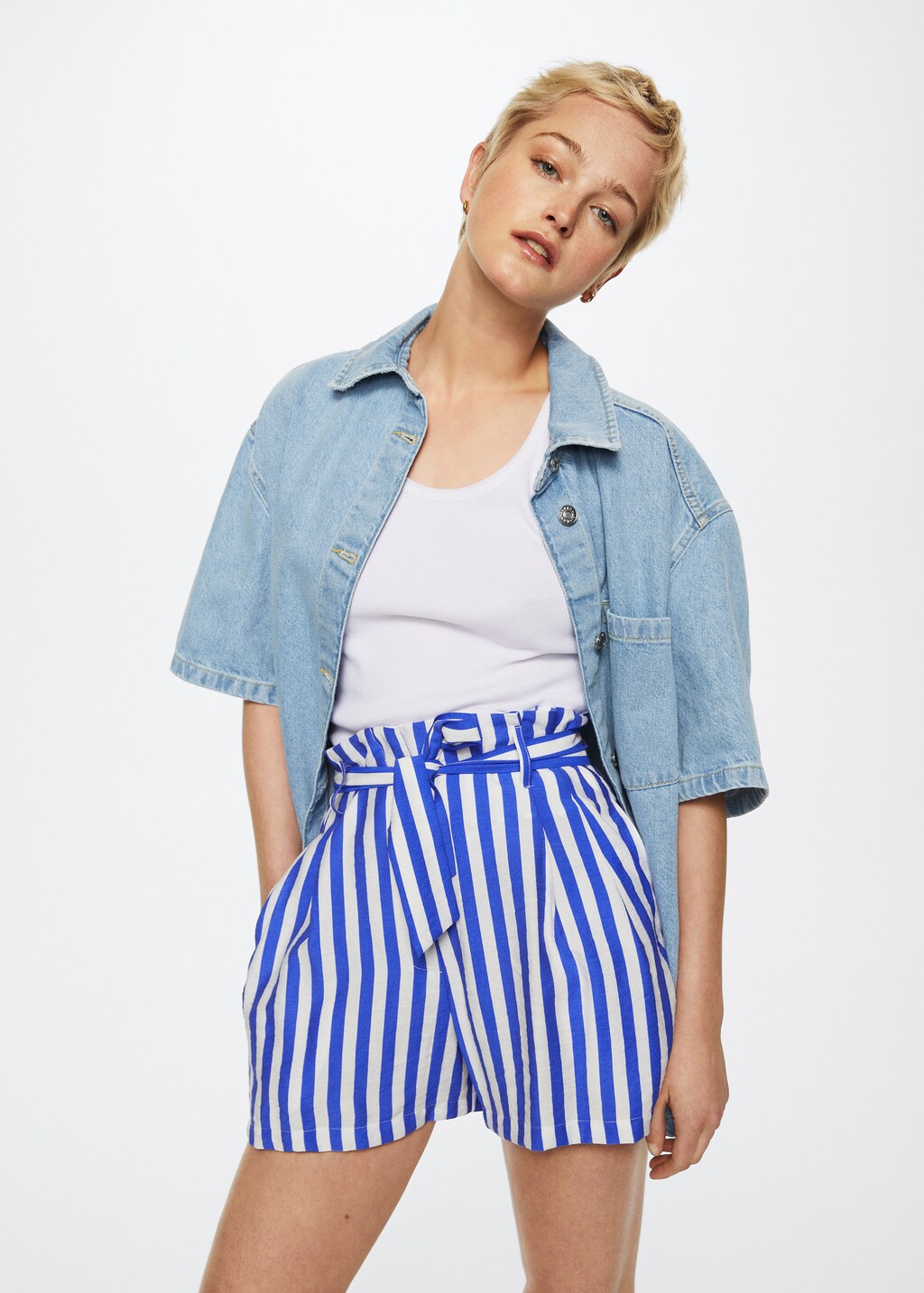 Blue striped paper bag shorts online