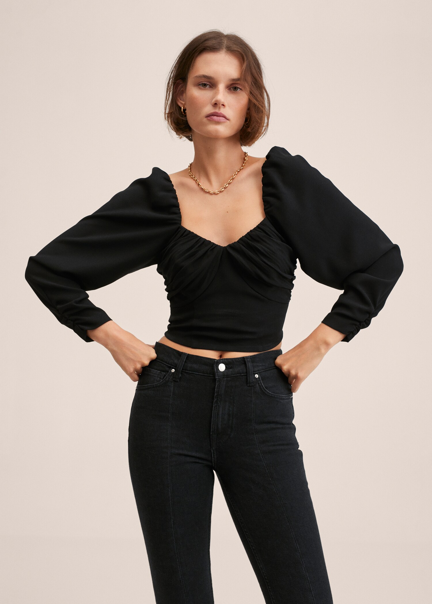 Puff-sleeved cropped blouse - Medium plane