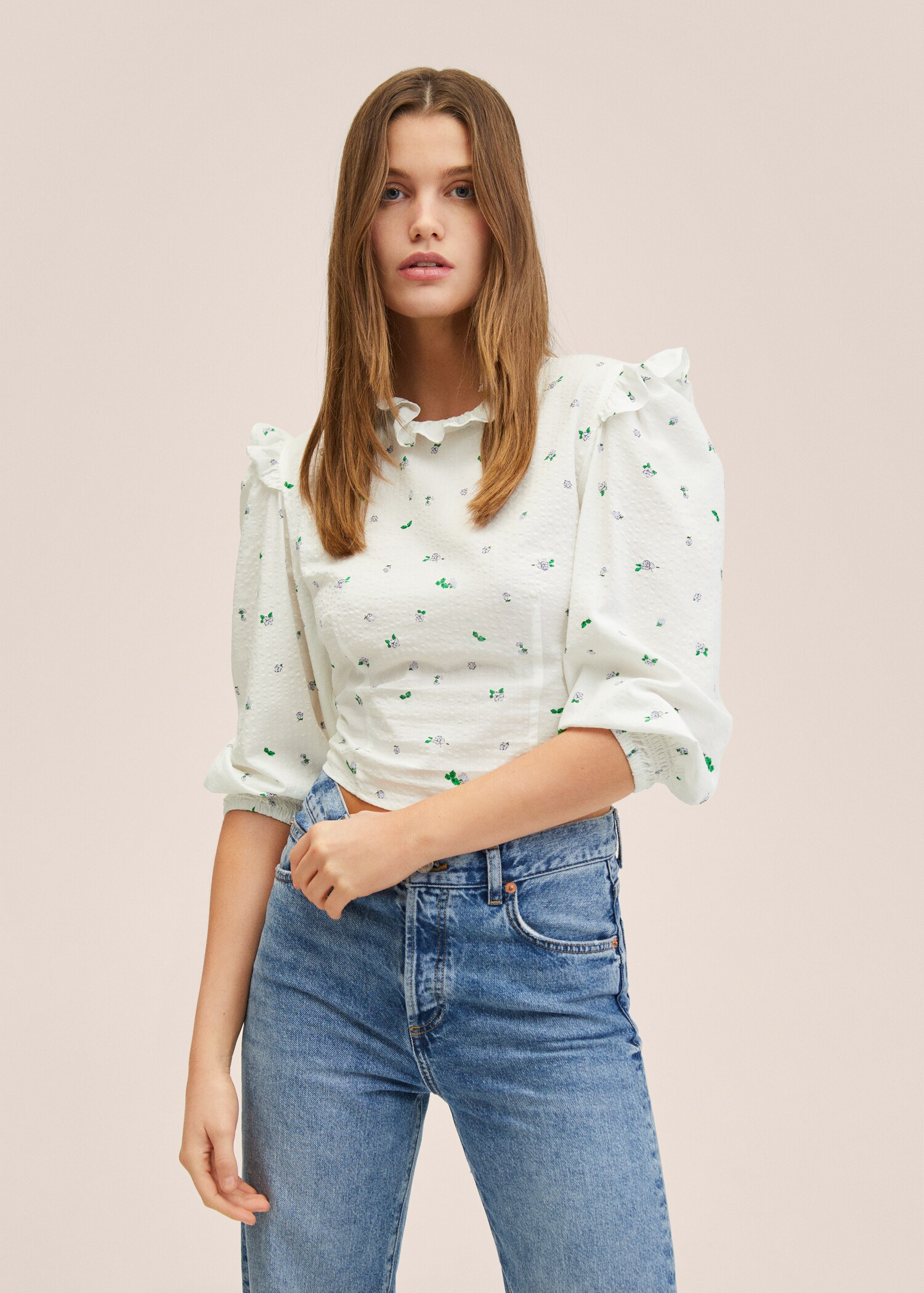 Blusa manga abullonada estampada - Plano medio