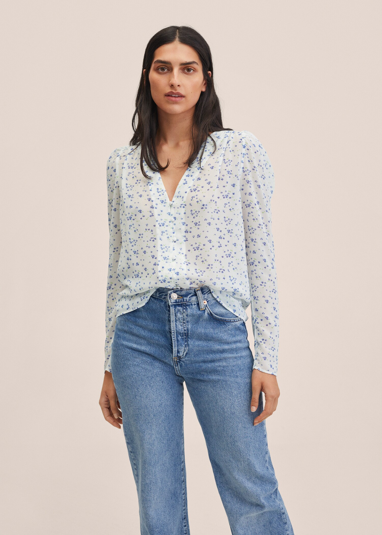 Blusa manga abullonada estampada - Plano medio