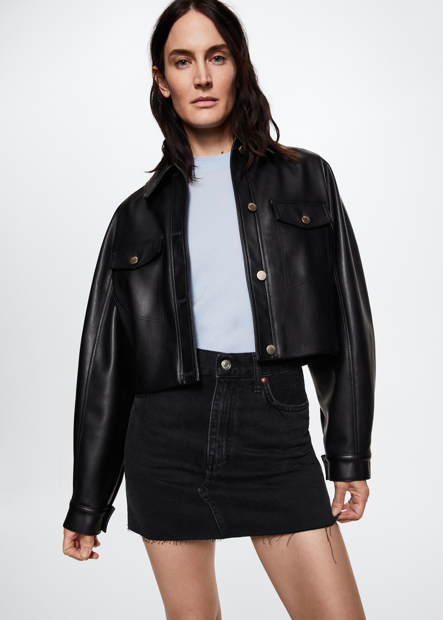 Denim miniskirt with frayed hem - Details of the article 1