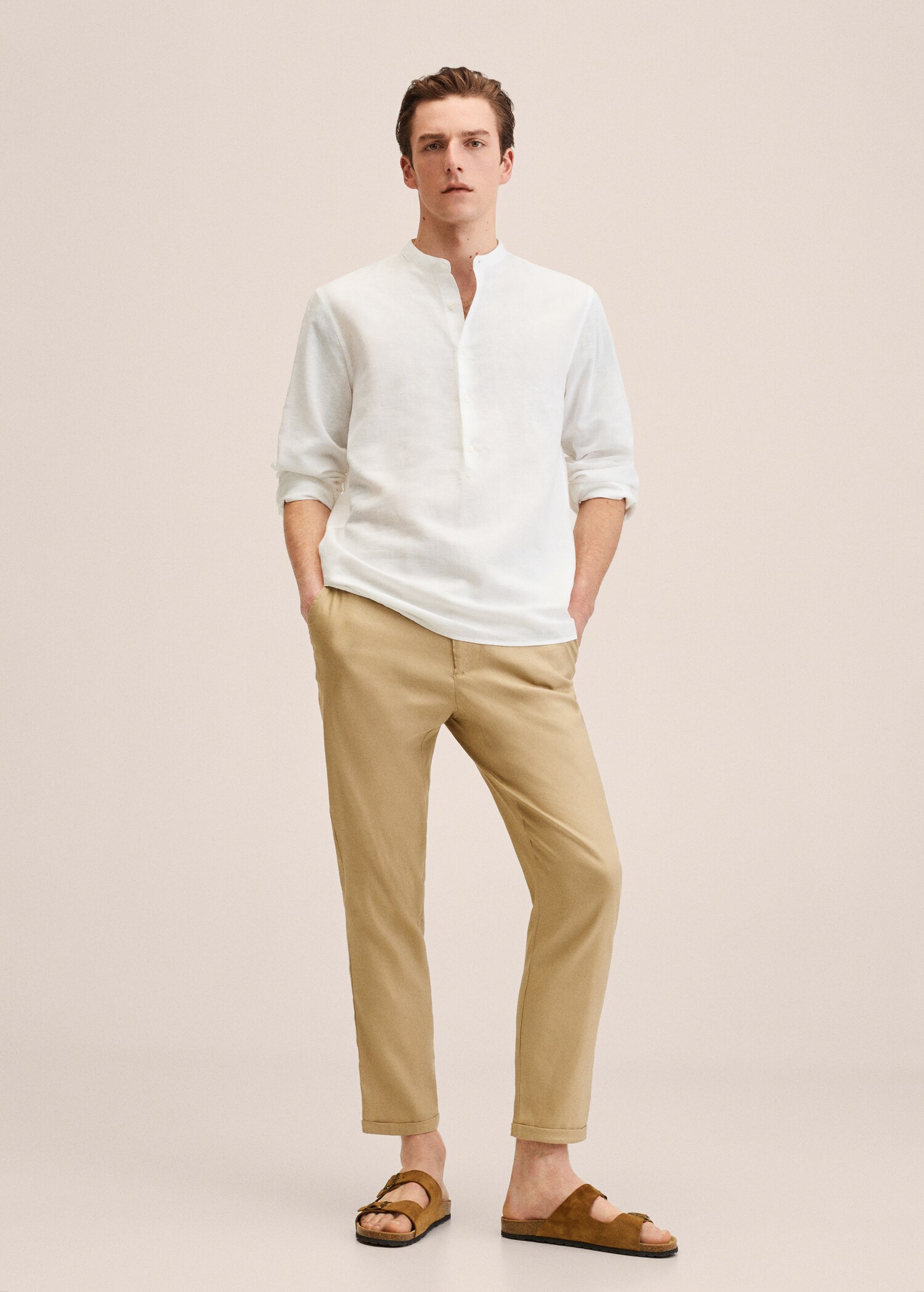 Cotton linen shirt with mandarin collar - General plane