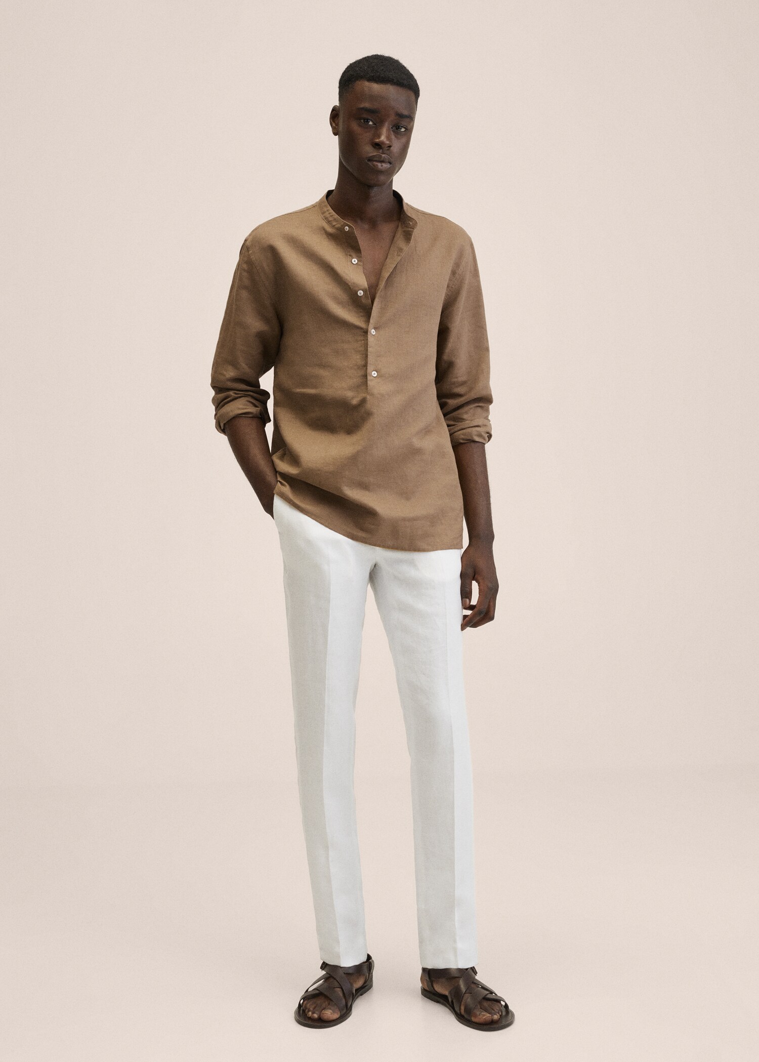 Cotton linen shirt with mandarin collar - General plane