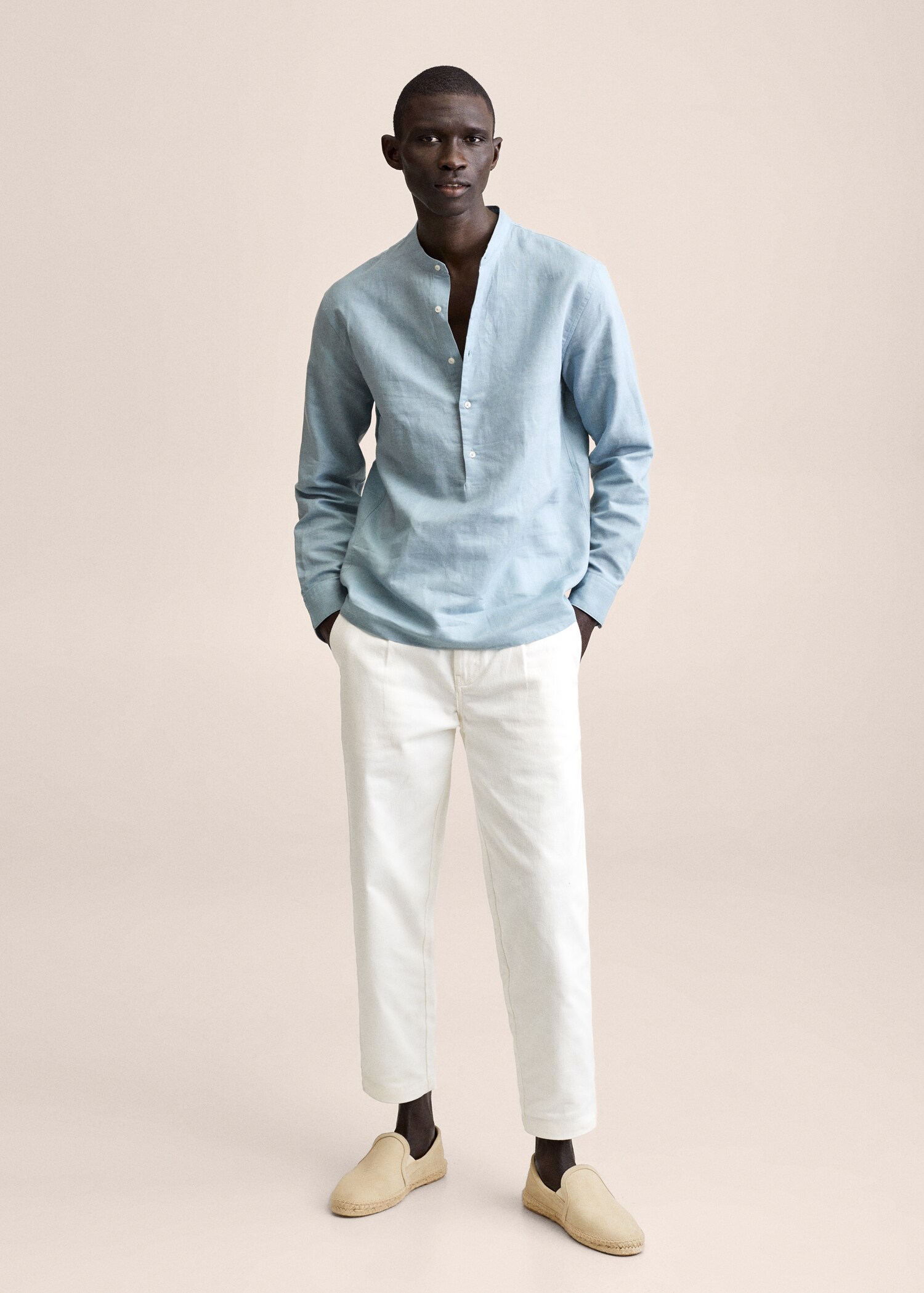 Cotton linen shirt with mandarin collar - General plane
