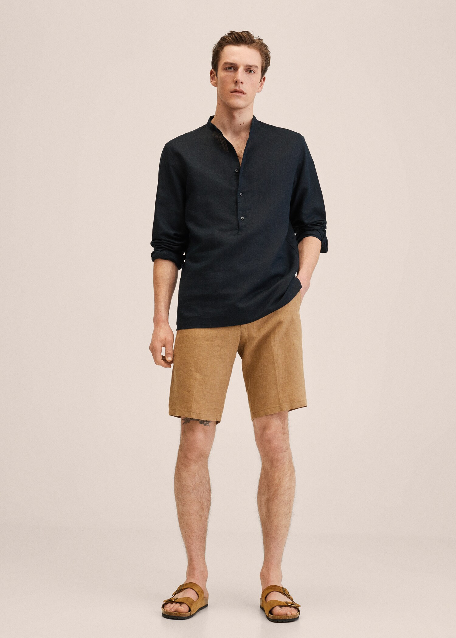 Cotton linen shirt with mandarin collar - General plane