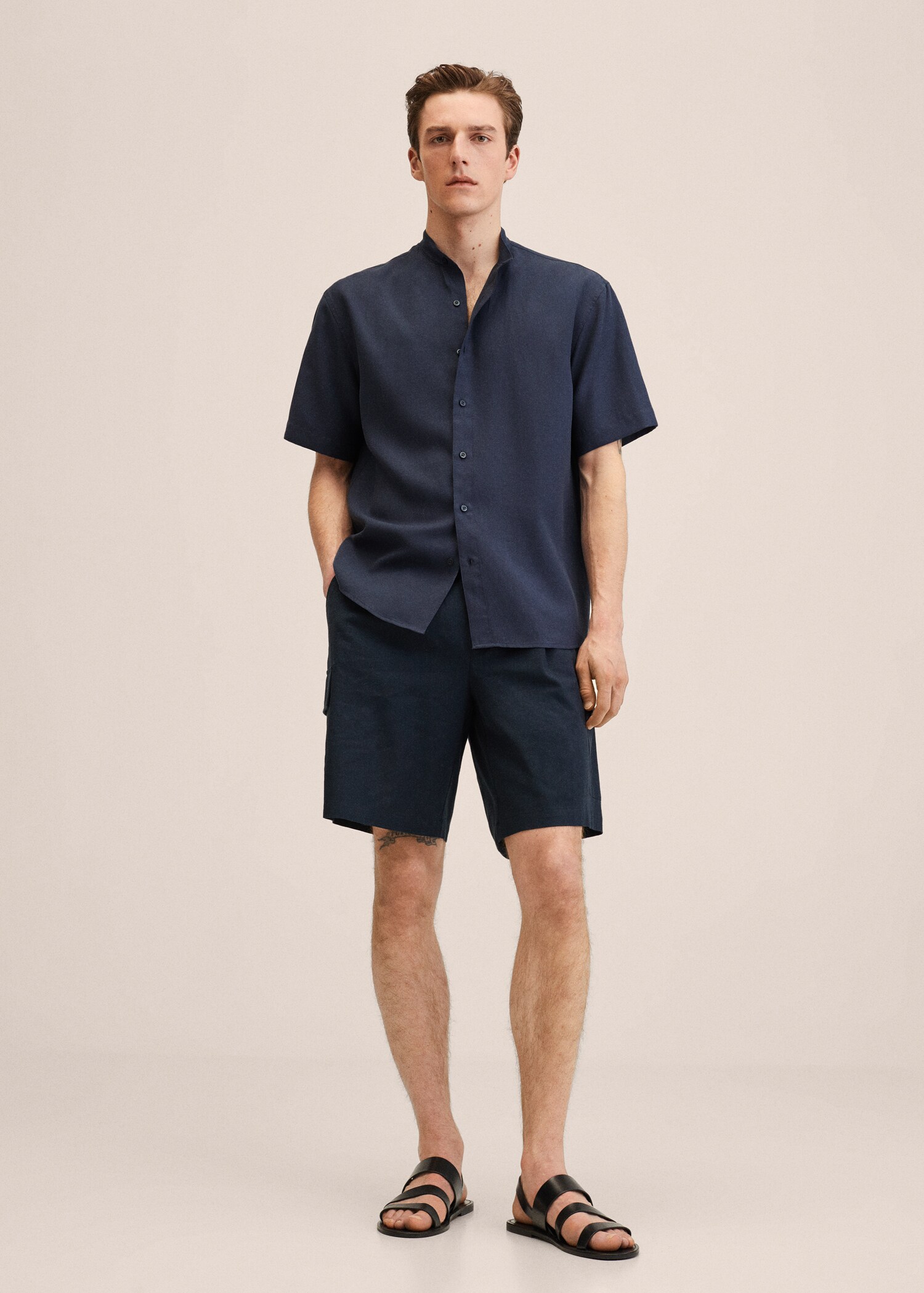 Linen lyocell shirt with mao collar - General plane