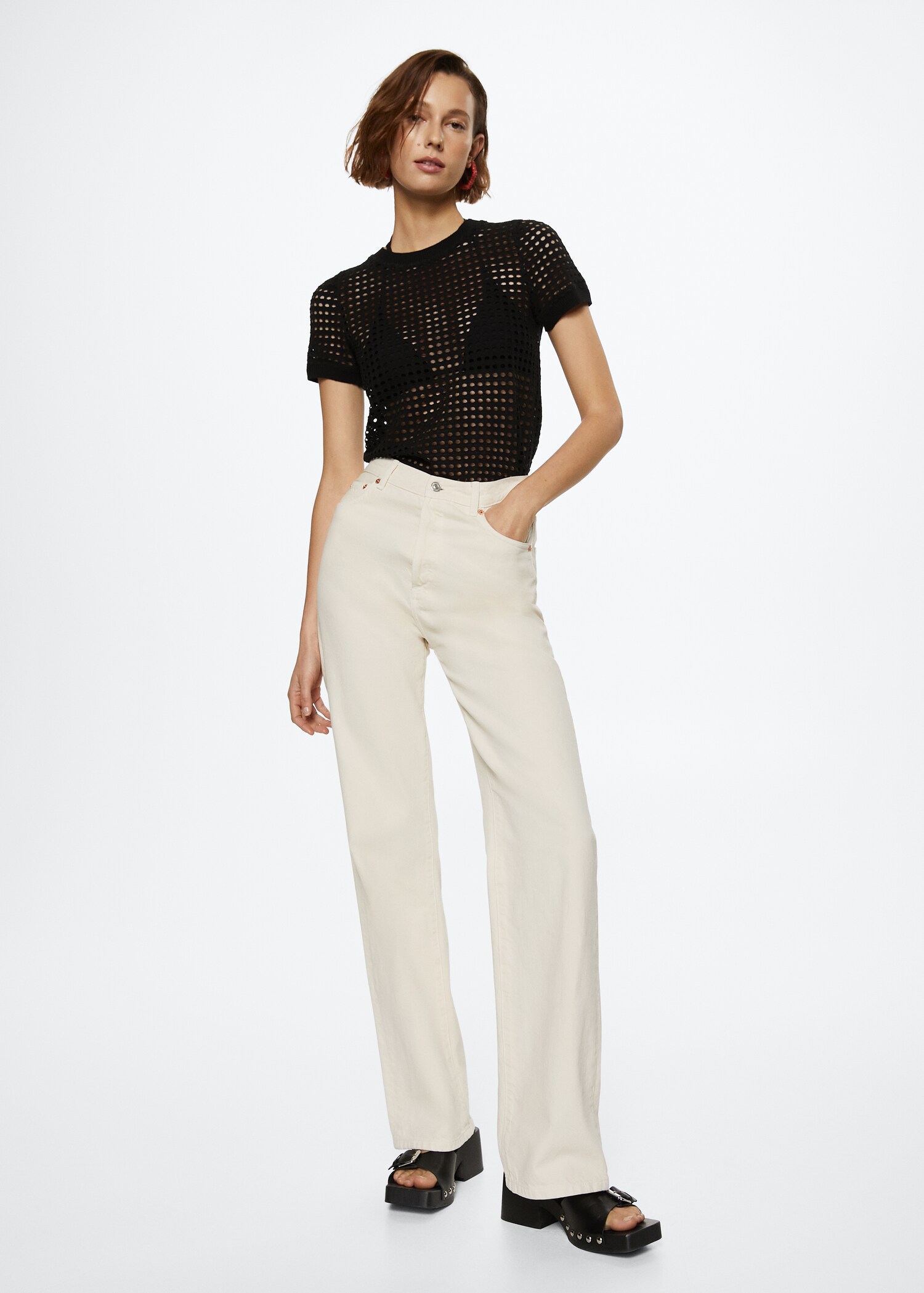 Openwork cotton-blend T-shirt - General plane