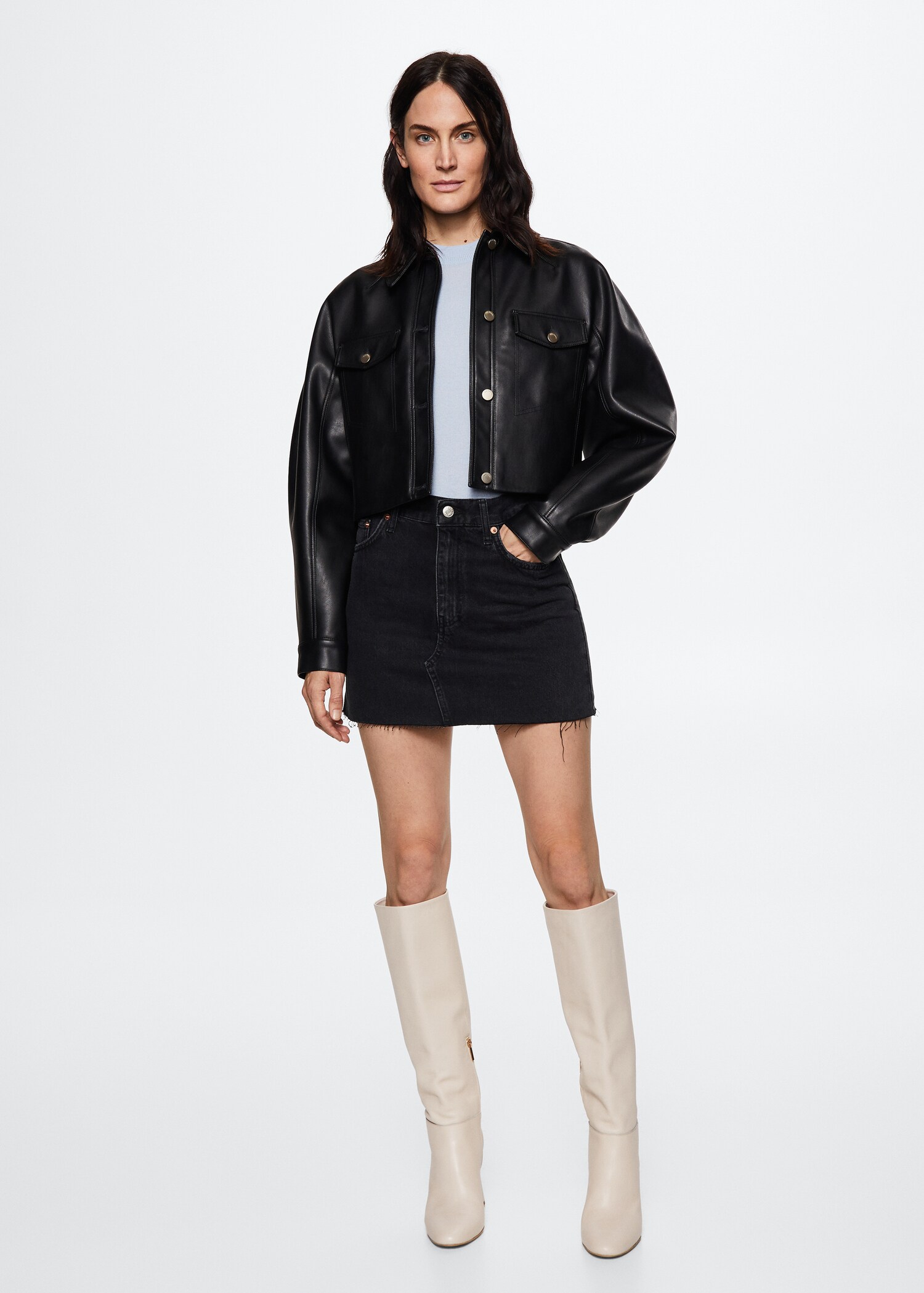 Denim miniskirt with frayed hem - General plane
