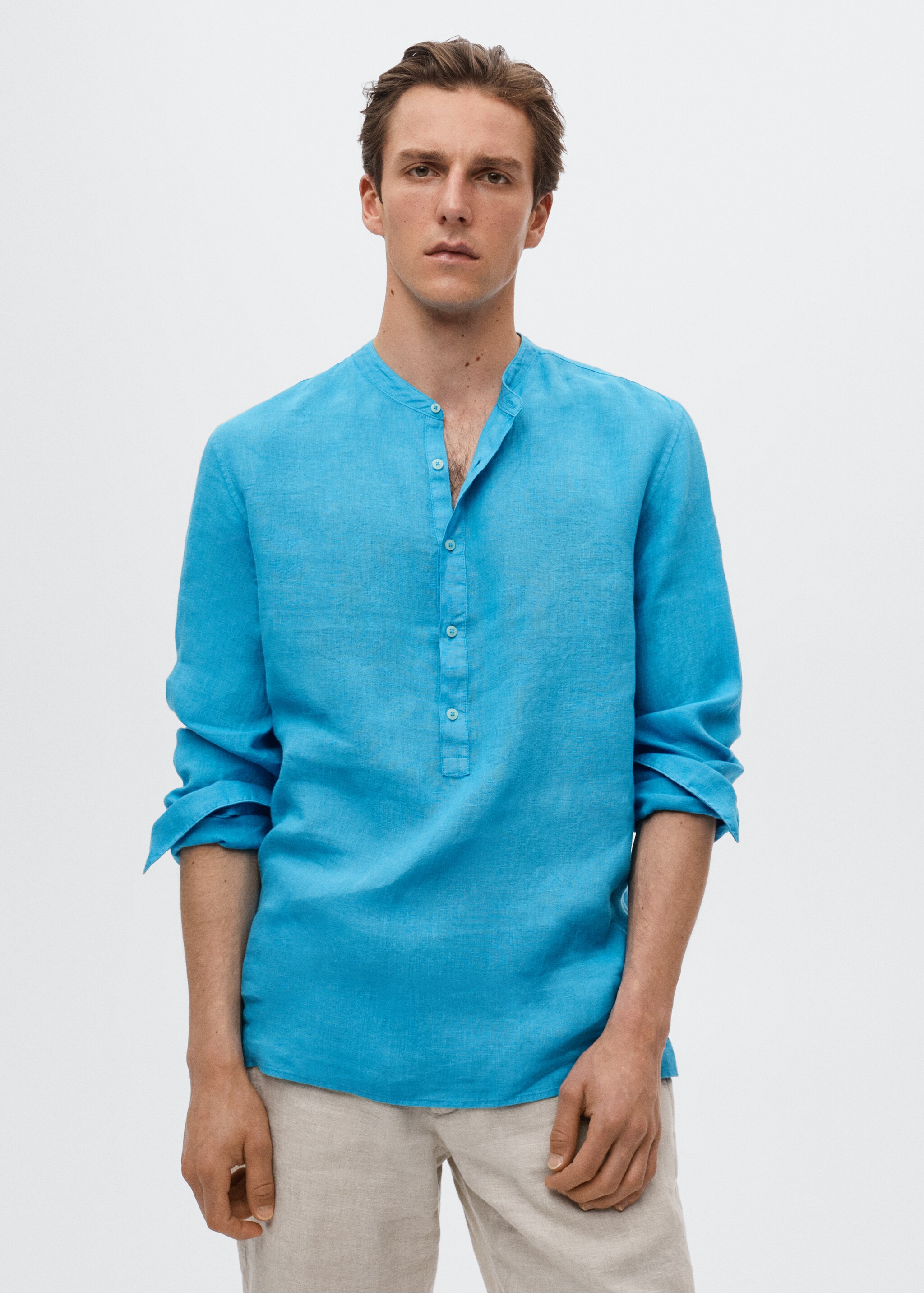 Regular-fit Mao-collar linen shirt - Medium plane