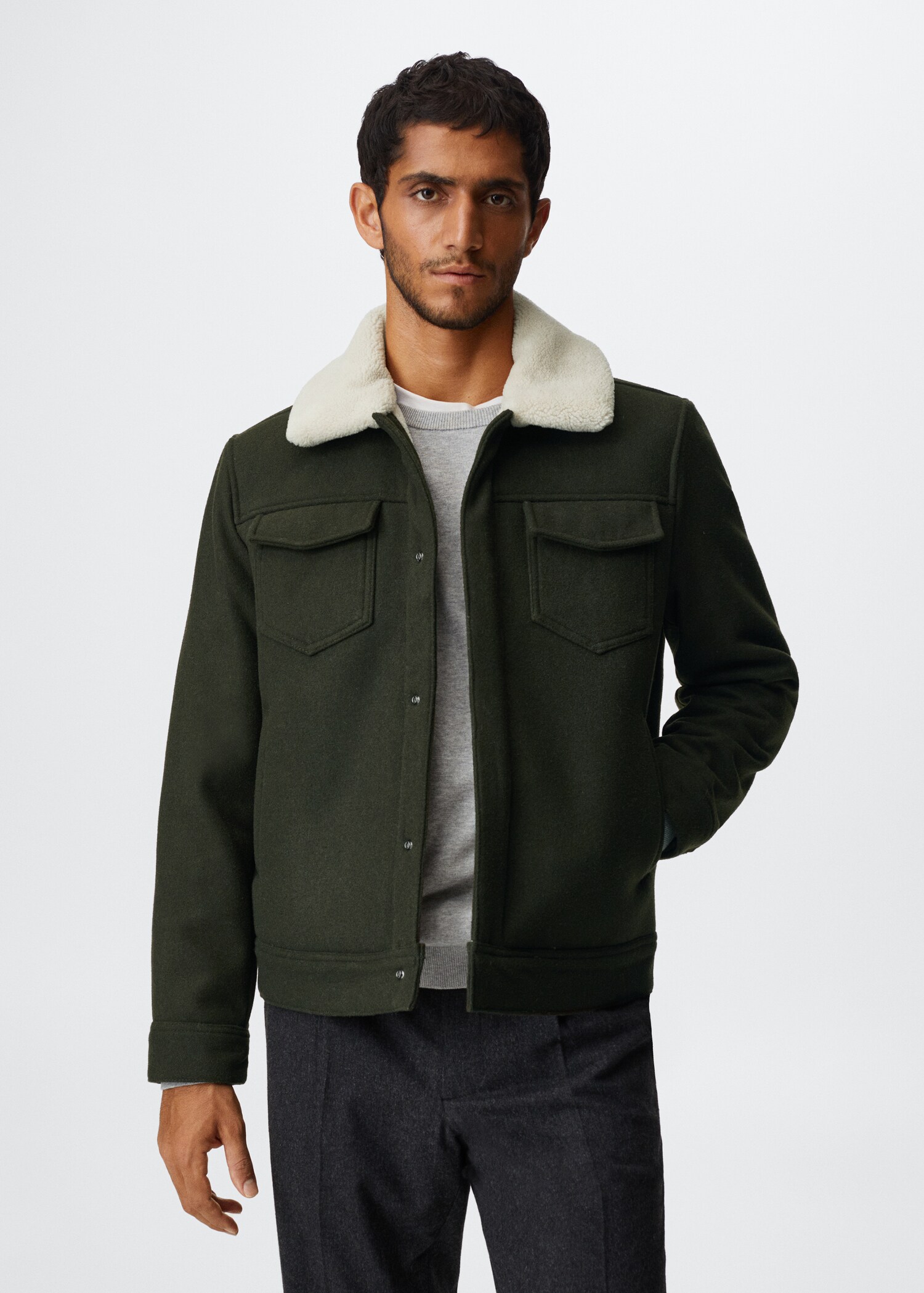 Wool jacket with shearling-effect collar - Medium plane