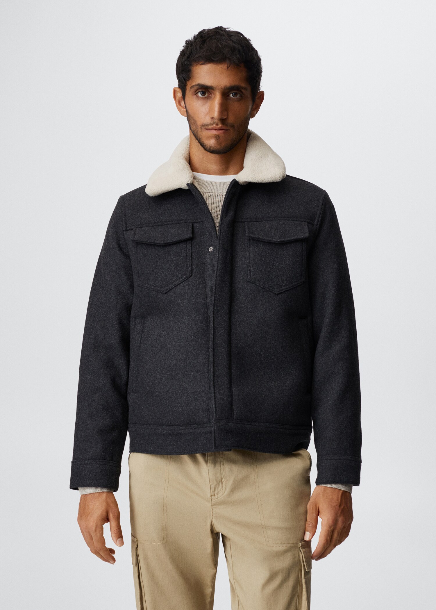 Wool jacket with shearling-effect collar - Medium plane
