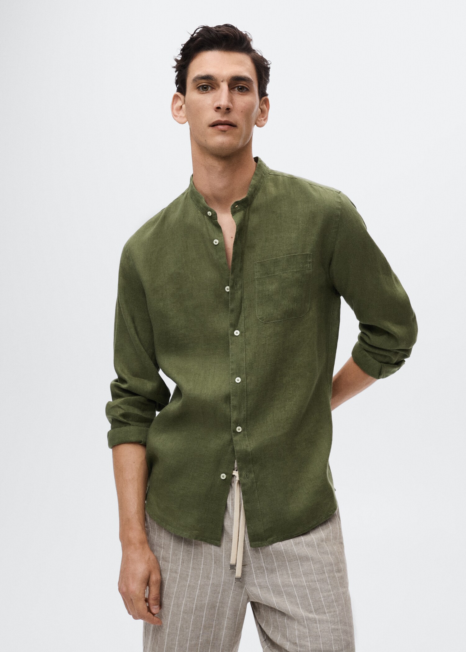 Slim-fit Mao collar linen shirt - Medium plane