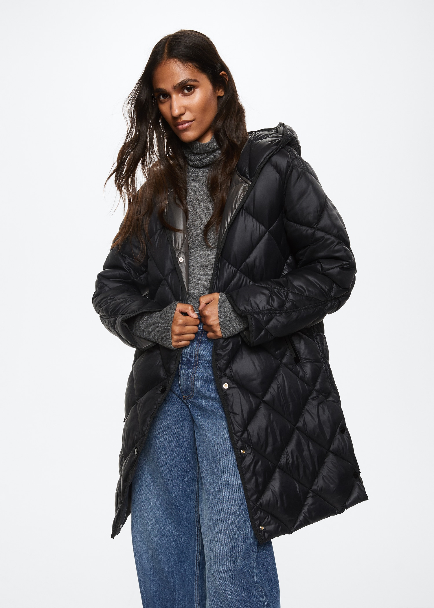 Black Long Puffer Tala Black Longline Quilted Coat Quilted Belted