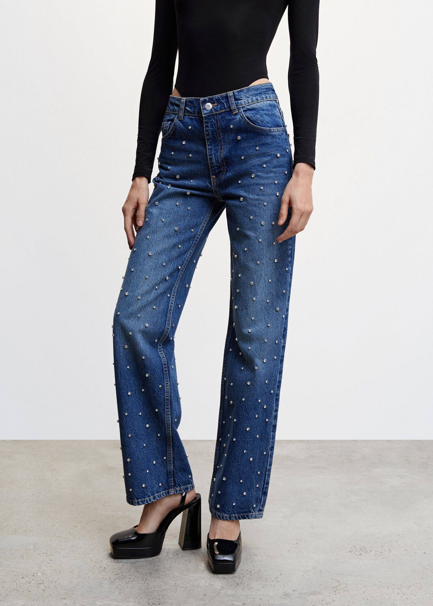 Jeans wideleg strass - Plano medio