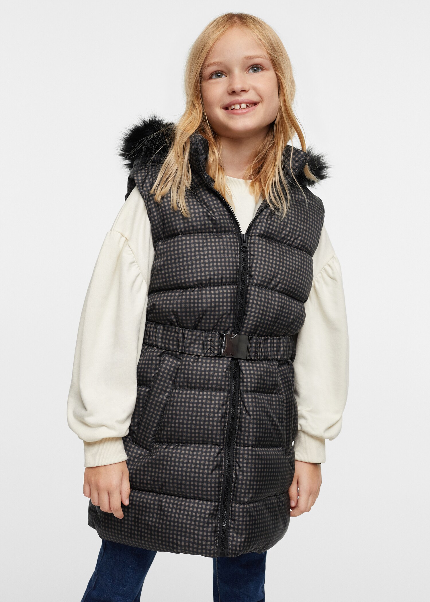 Quilted gilet with fur-effect hood - Medium plane