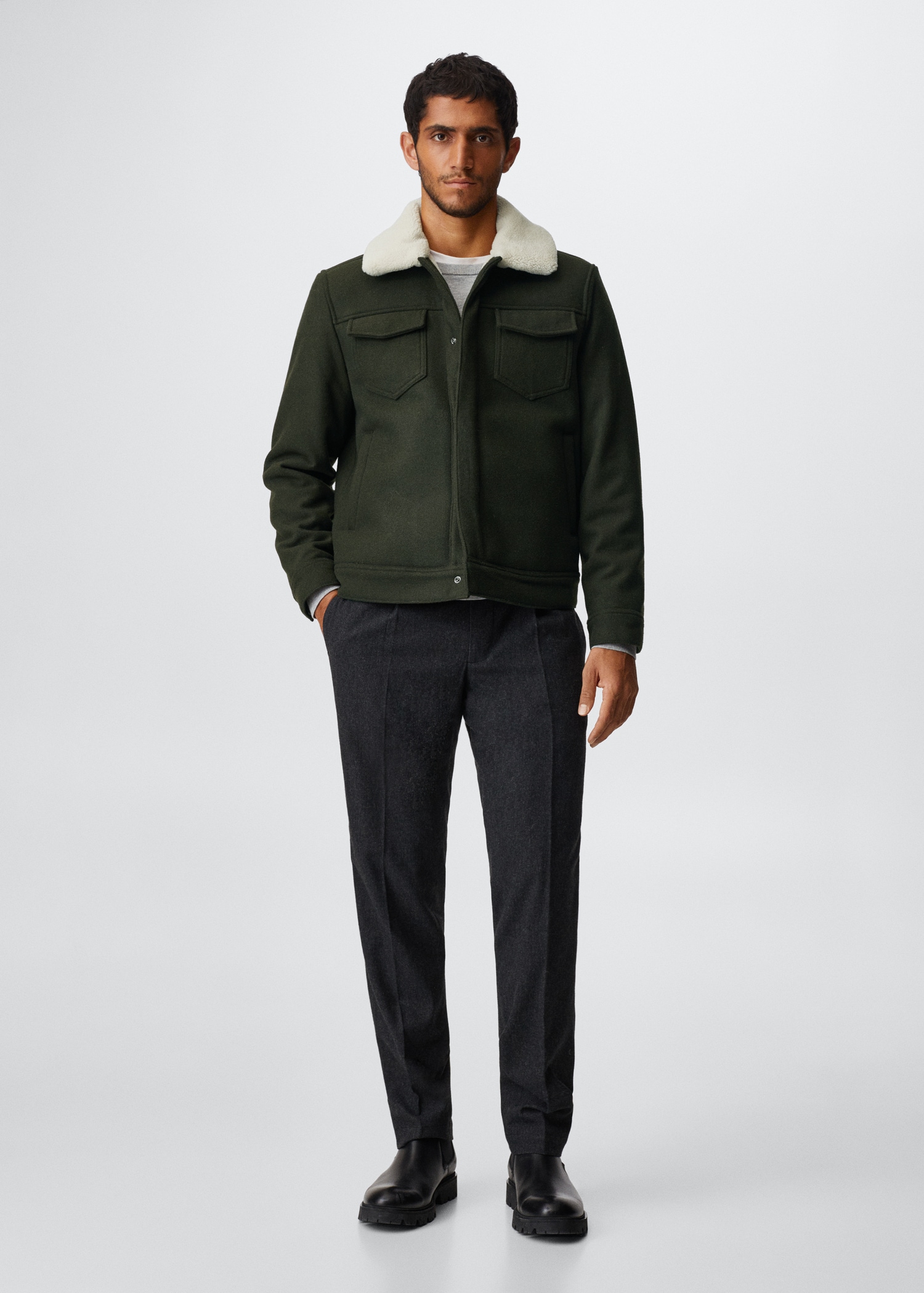 Wool jacket with shearling-effect collar - General plane