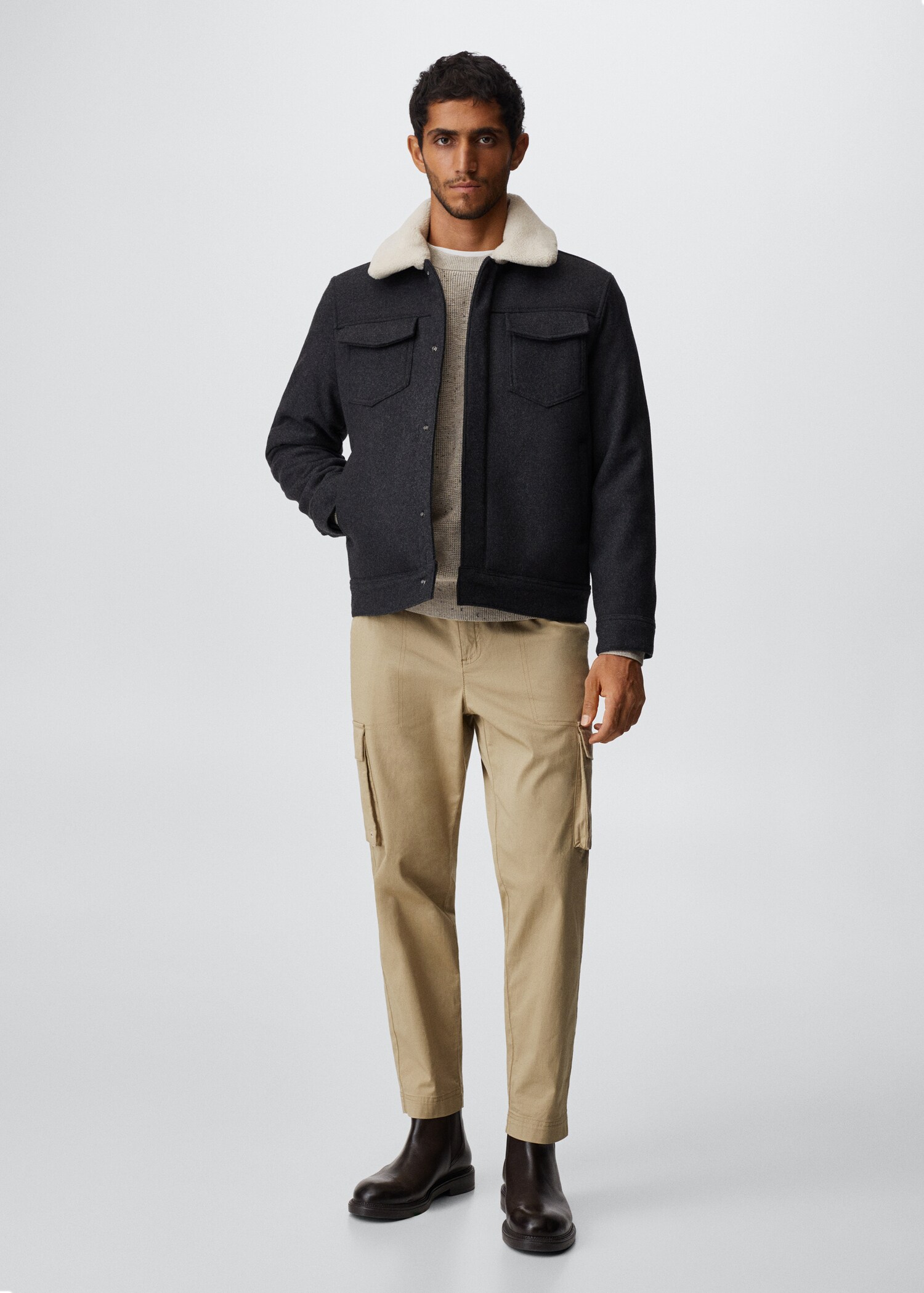 Wool jacket with shearling-effect collar - General plane
