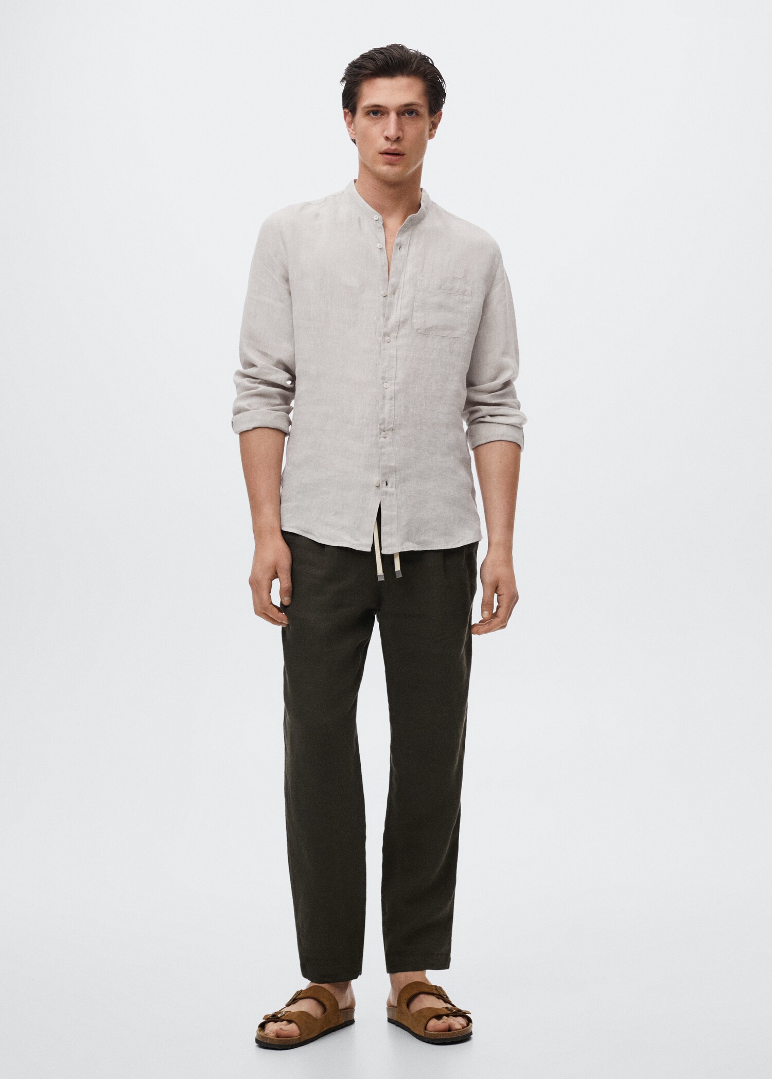 Slim-fit Mao collar linen shirt - General plane