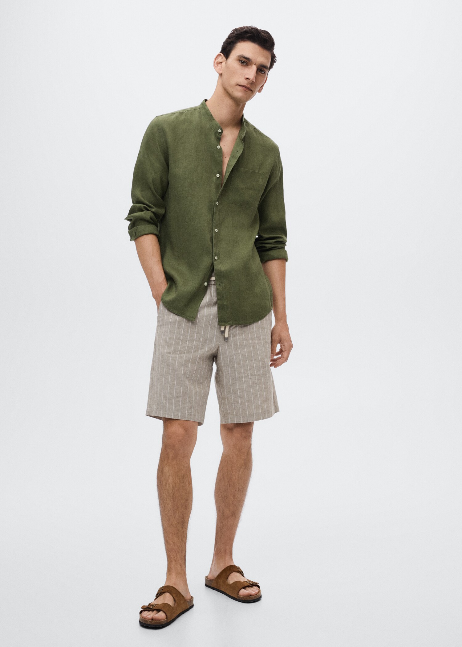 Slim-fit Mao collar linen shirt - General plane