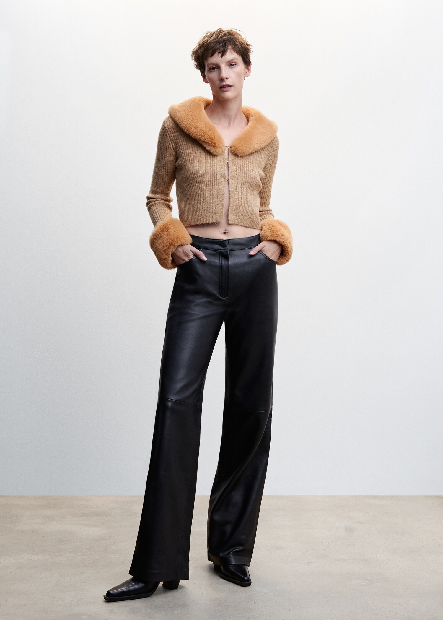 Cardigan with fur-effect collar - General plane