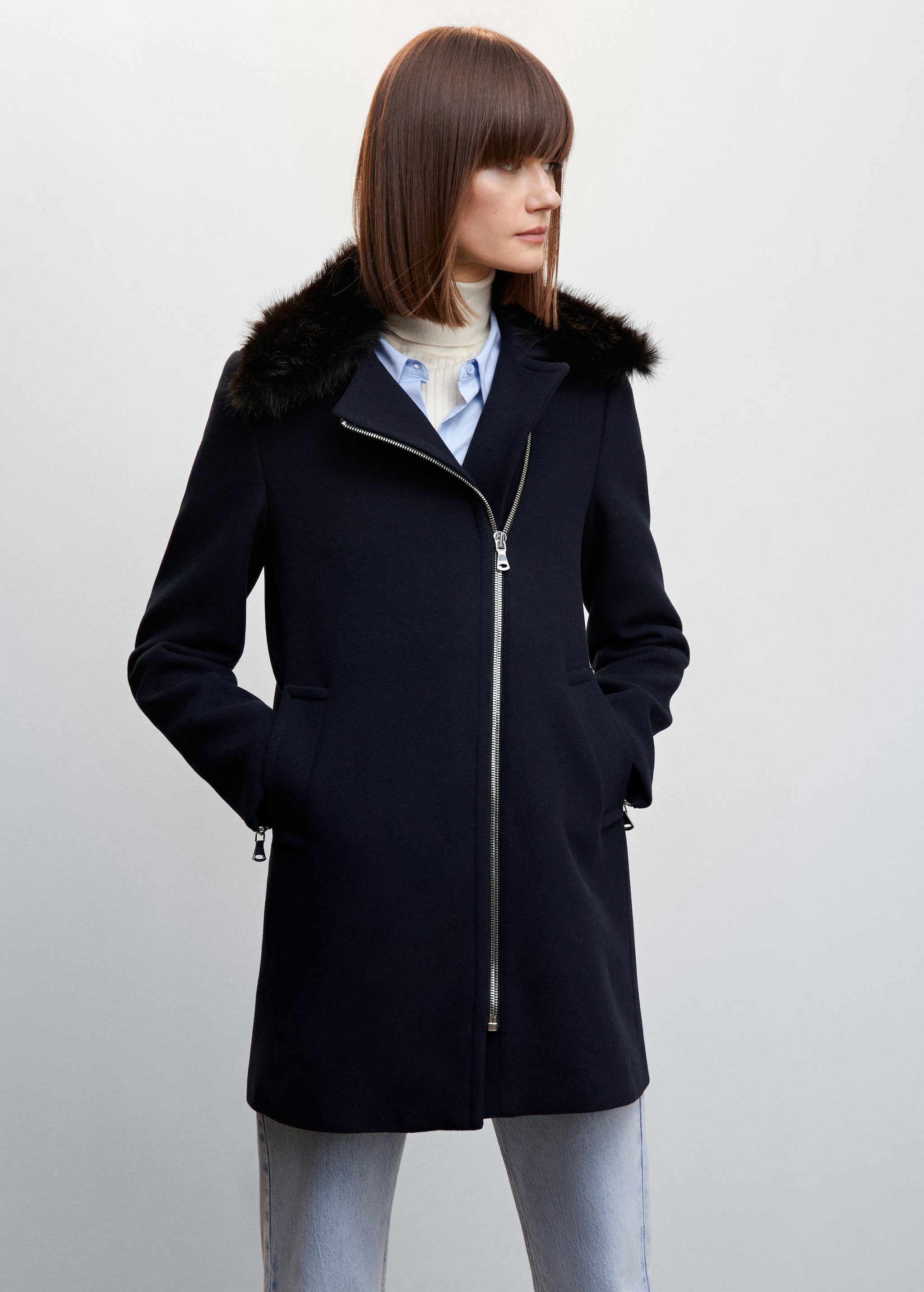 Detachable fur-effect collar coat - Medium plane