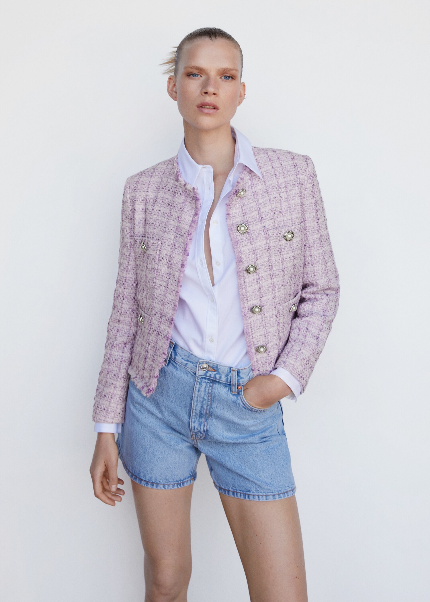Chaqueta tweed bolsillos - Plano medio