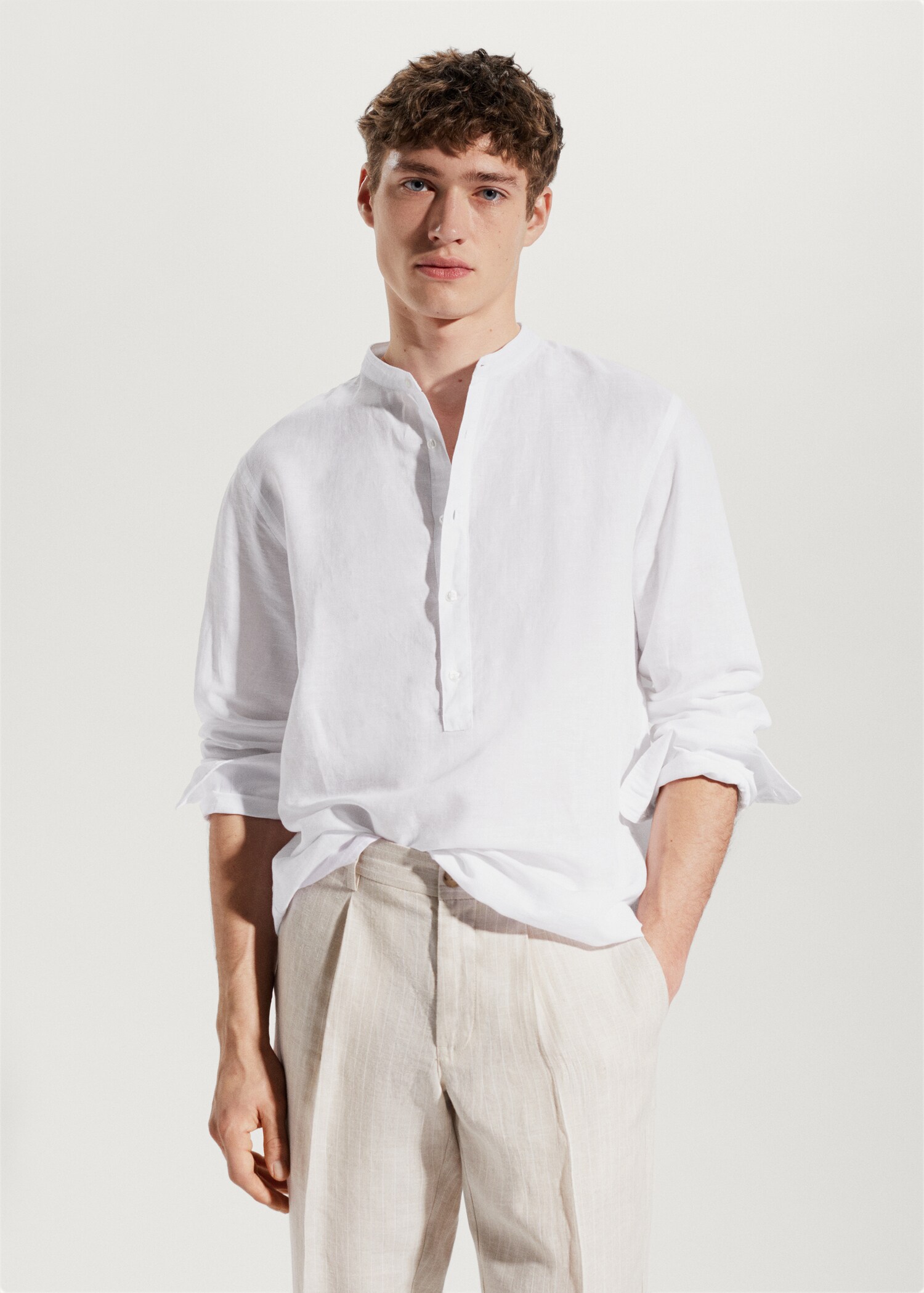 Regular-fit Mao-collar linen shirt - Medium plane