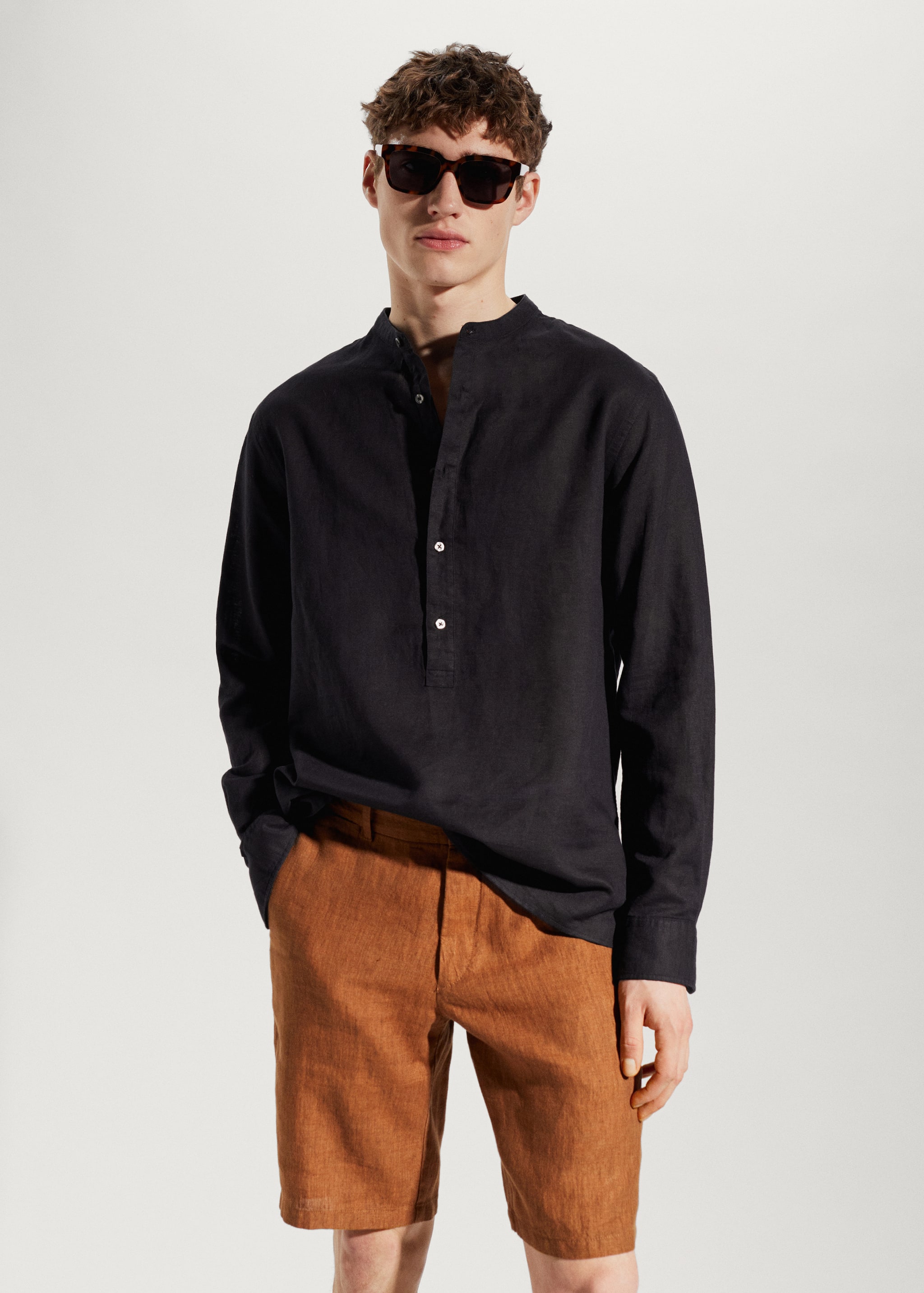 Regular-fit Mao-collar linen shirt - Medium plane