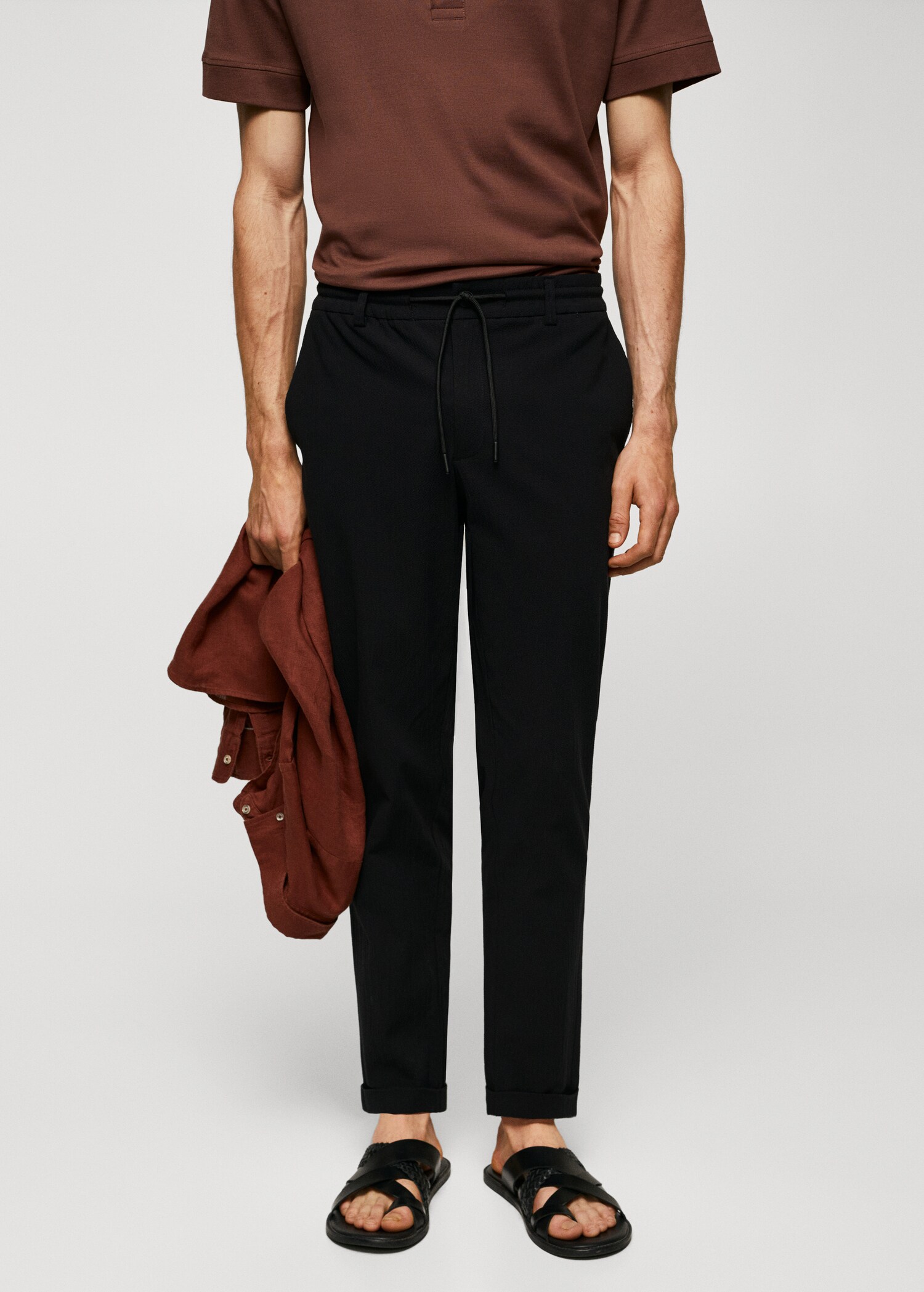 Cotton seersucker trousers with drawstring  - Medium plane