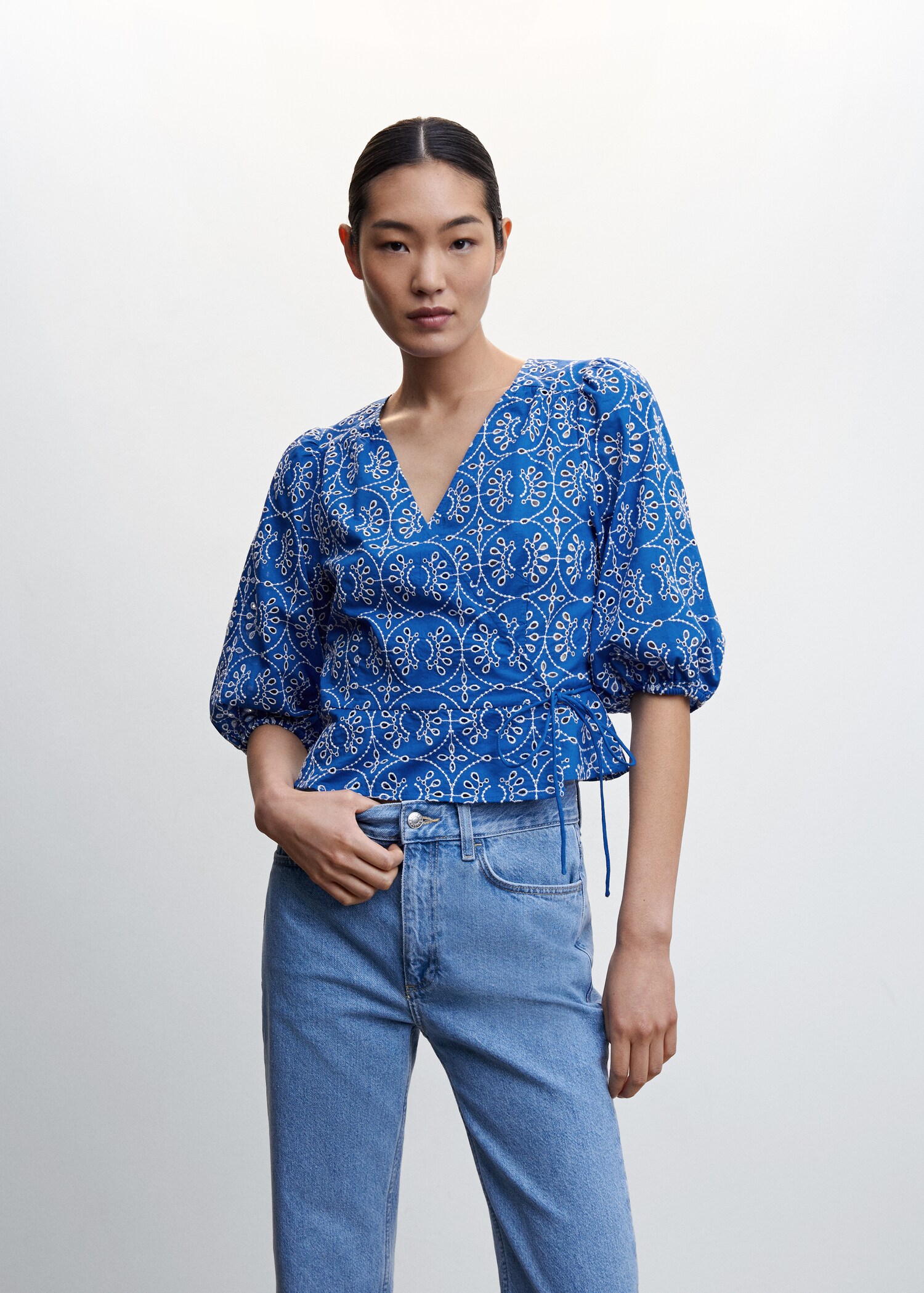 Embroidered puff-sleeve blouse - Medium plane