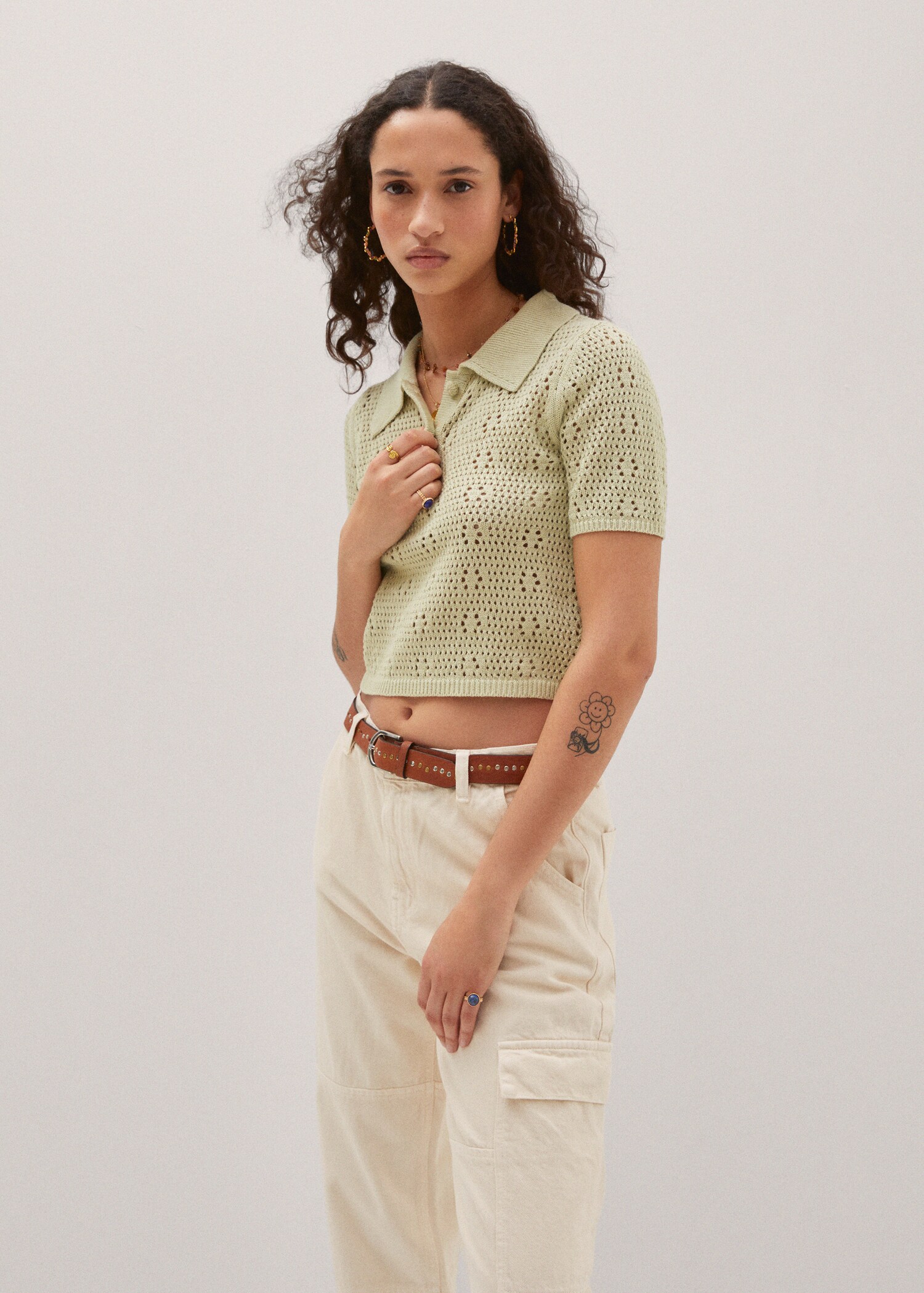 Pull-over maille ajourée col polo - Plan moyen