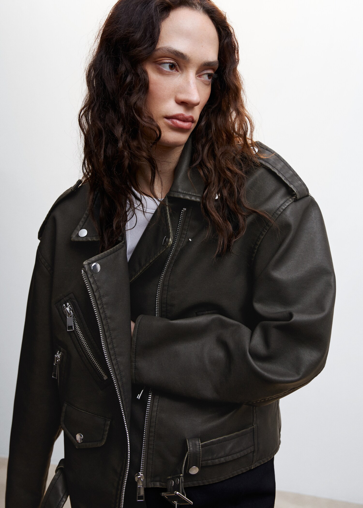 Distressed-effect biker jacket - Details of the article 1