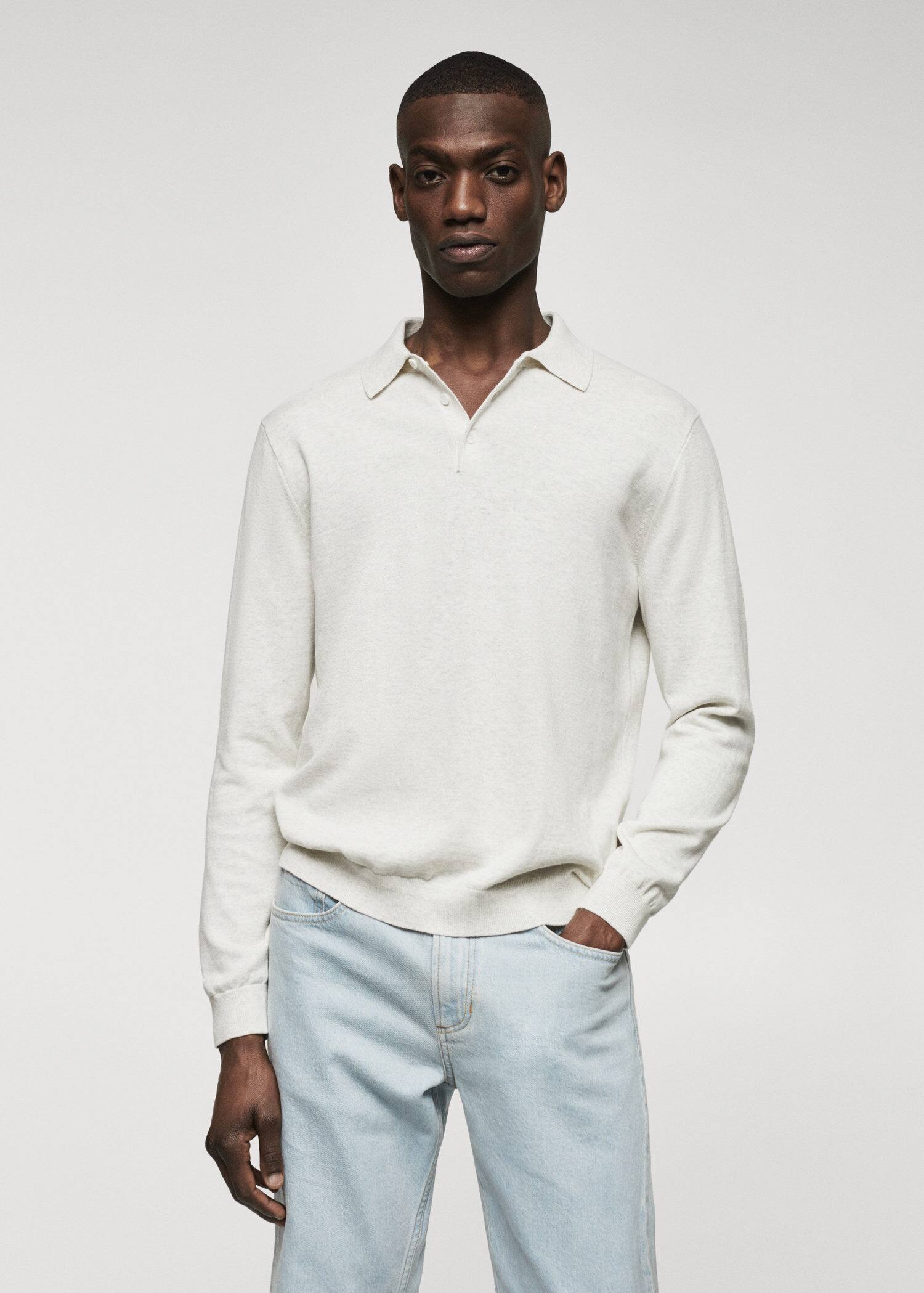 Long-sleeved cotton jersey polo shirt - Middenvlak