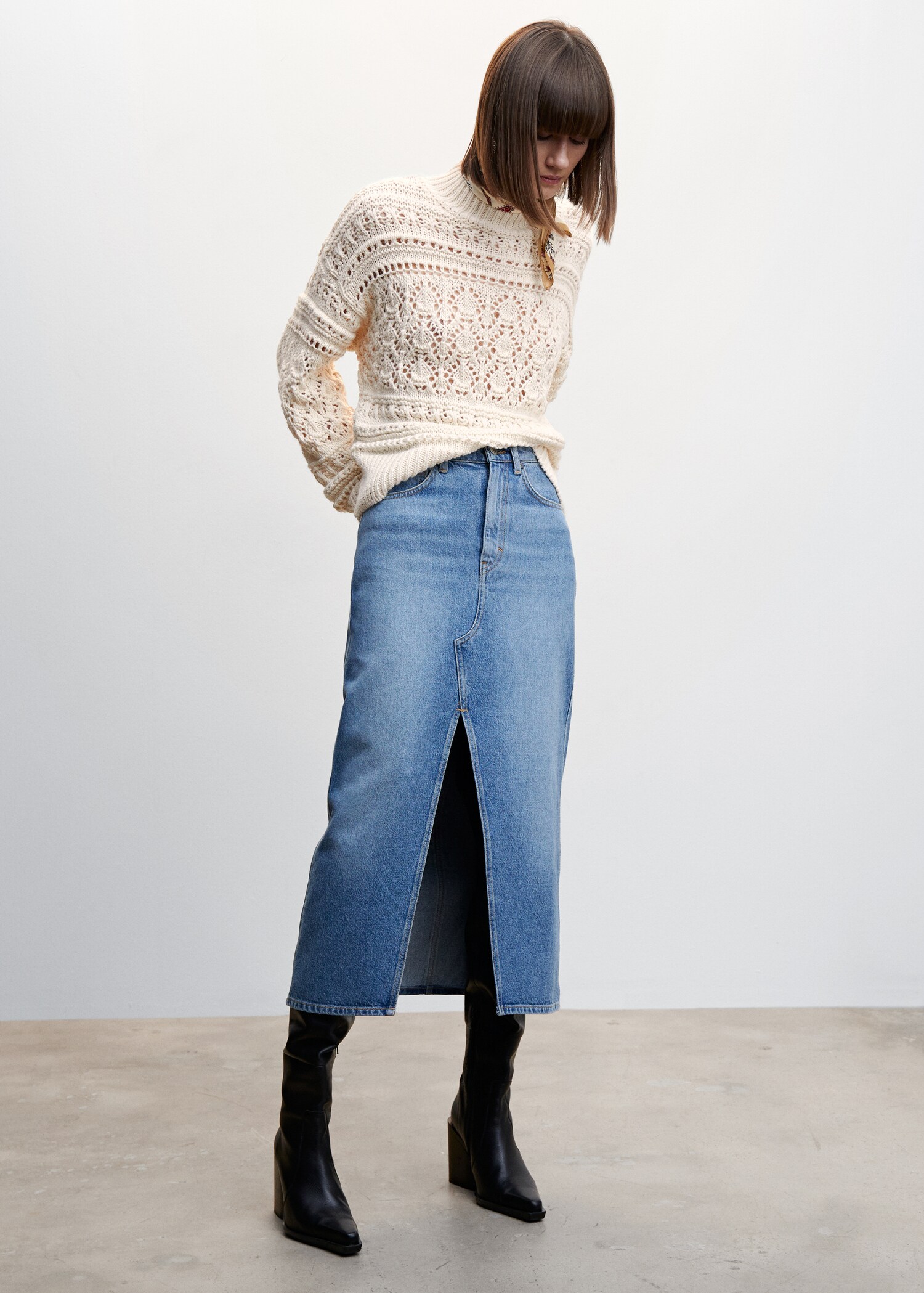 Openwork sweater with perkins collar - General plane