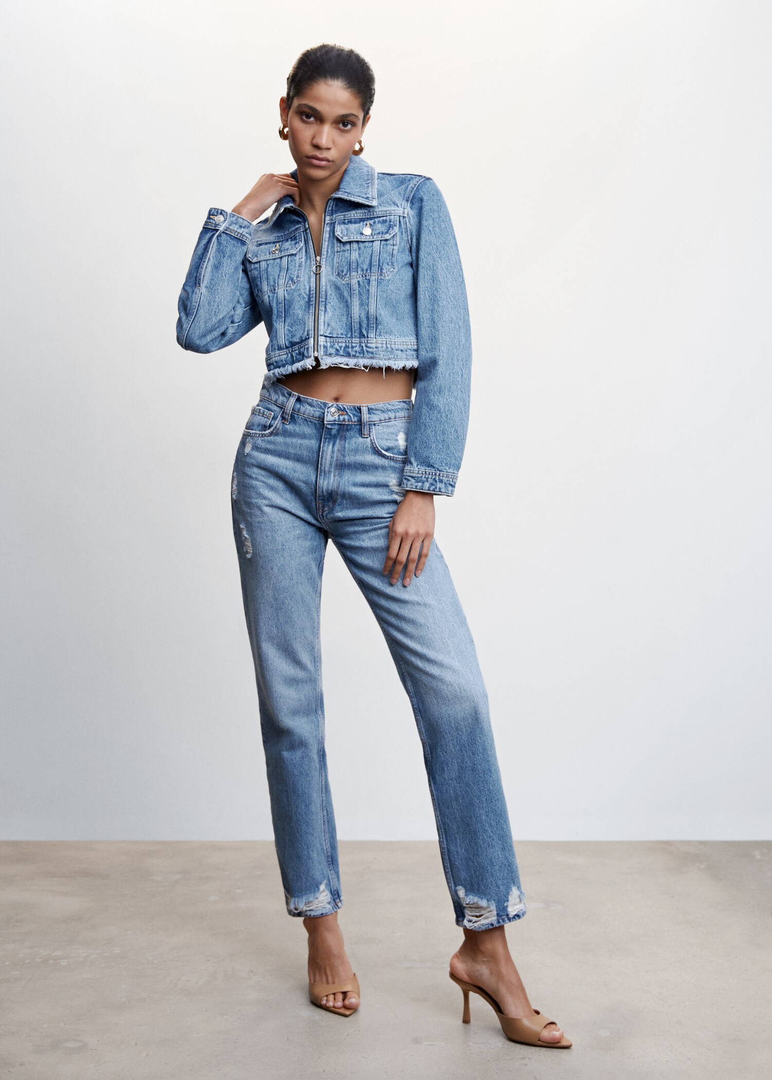 Ripped high-rise straight jeans - General plane
