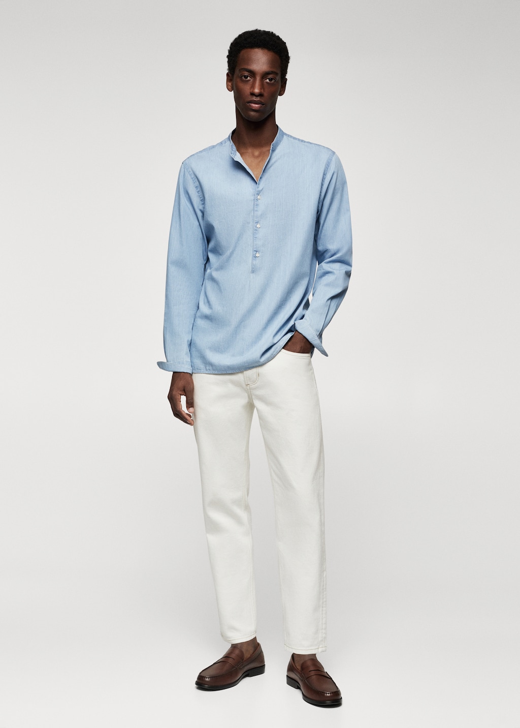 Camisa cuello mao hombre outfit online