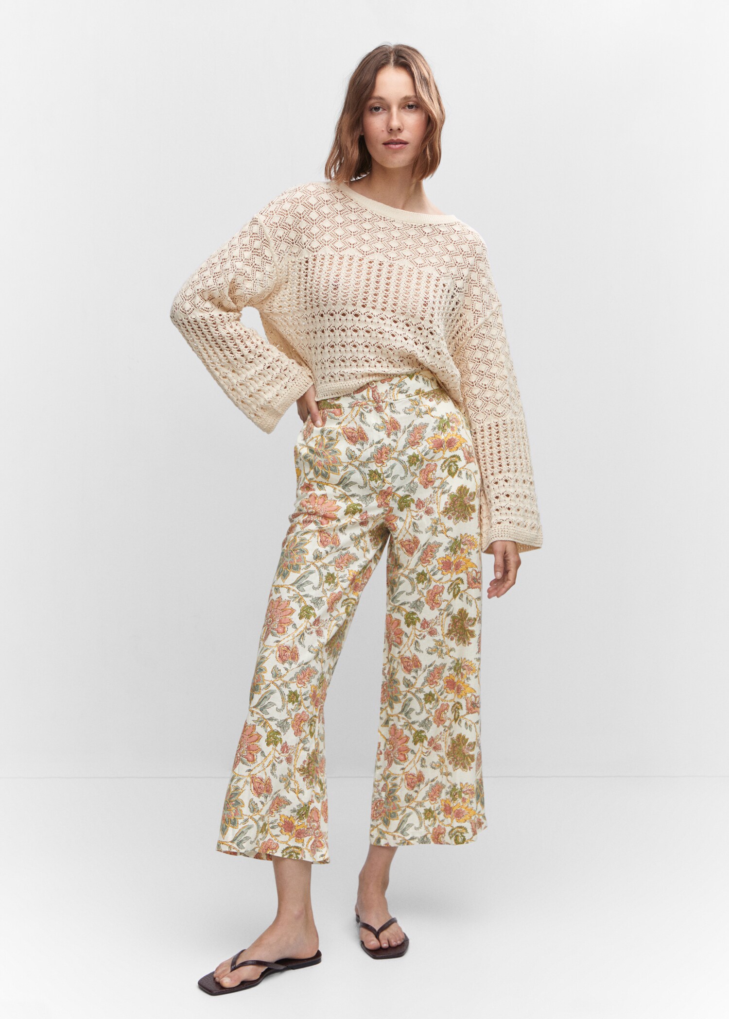 Linen floral culotte trousers - General plane