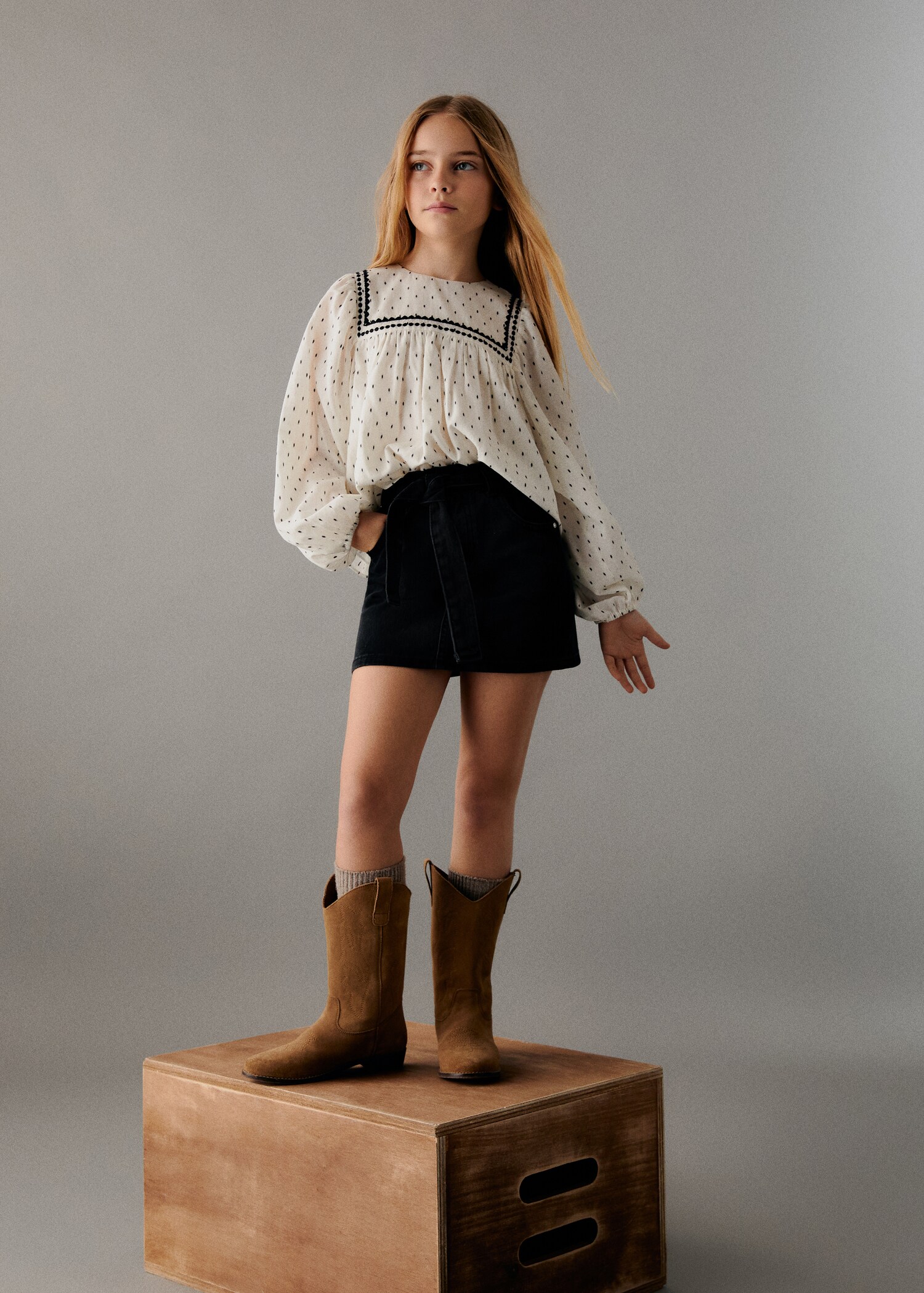 Denim miniskirt with drawstring  - General plane