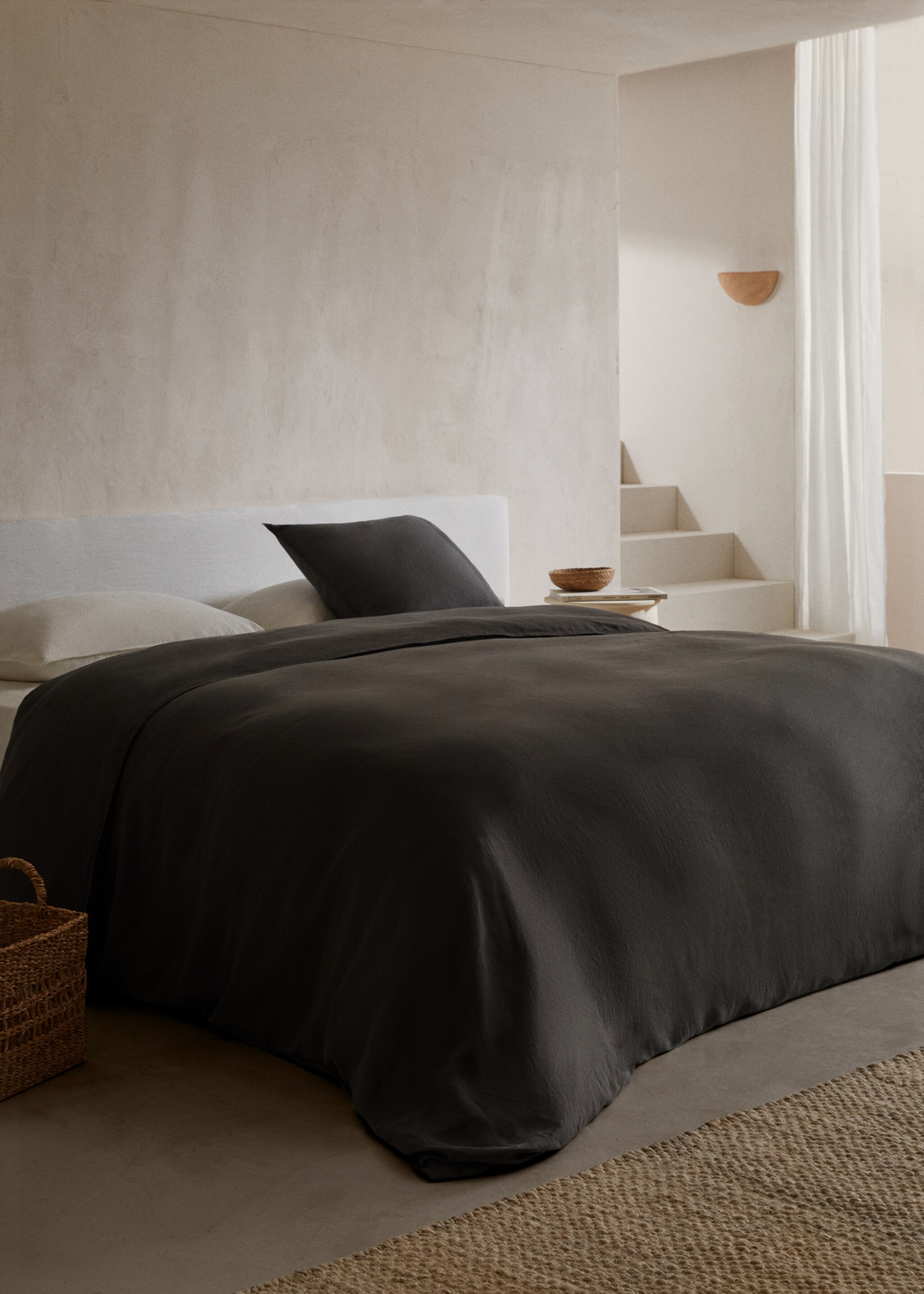 100% linen duvet cover large superking bed - General plane, Charcoal. Ref: 47127158-00.